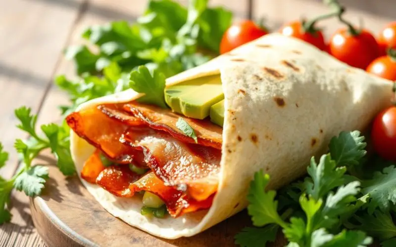 Very Easy & Tasty Low Carb Breakfast Wrap with Bacon and Avocado