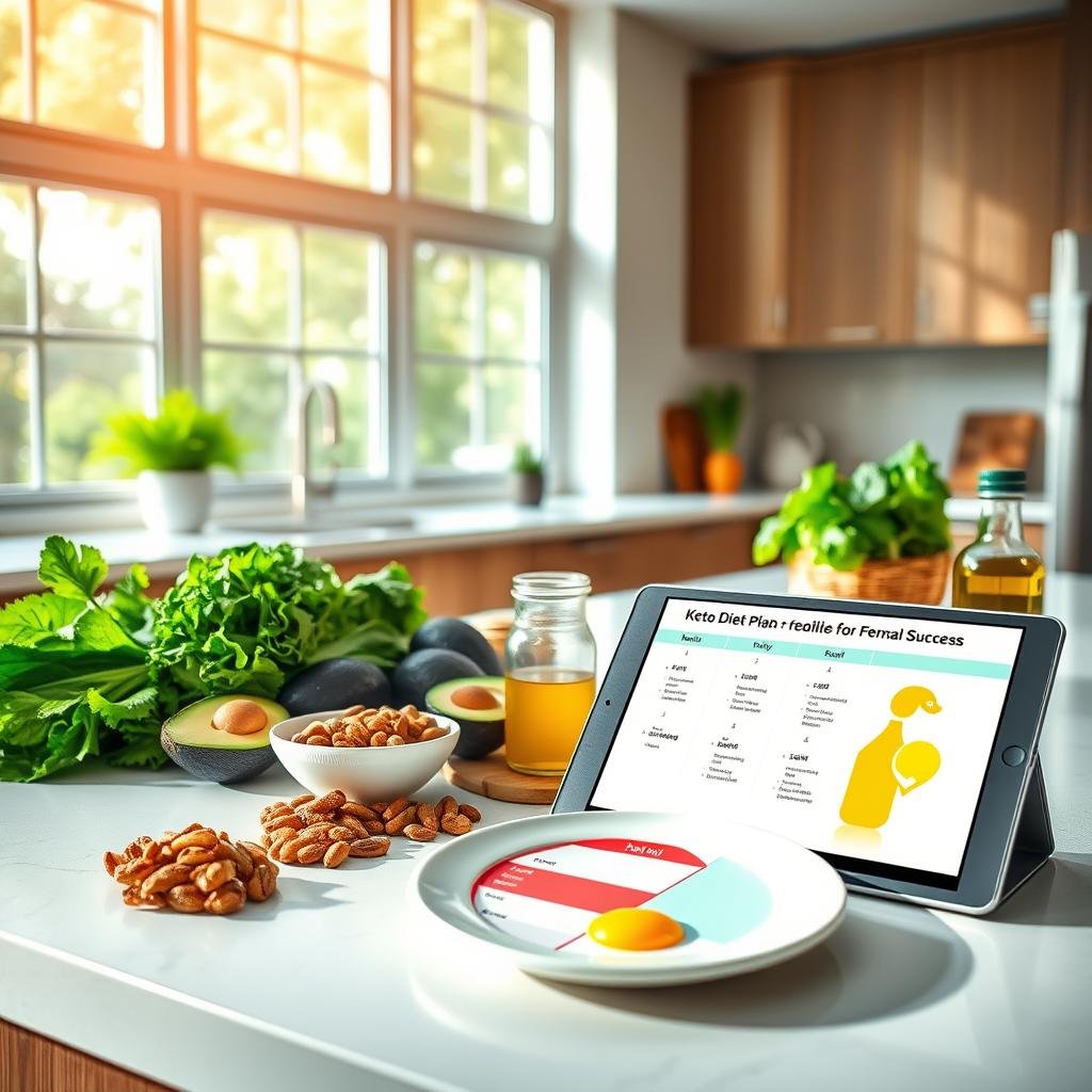 A bright, modern kitchen counter displaying an array of keto-friendly ingredients - leafy greens, avocados, nuts, olive oil, and a plate with a macronutrient ratio breakdown. Warm, natural lighting from large windows creates a welcoming atmosphere. A tablet or laptop is visible, displaying a keto diet plan tailored for women. The scene conveys a sense of organized, evidence-based dietary guidance for female keto success.