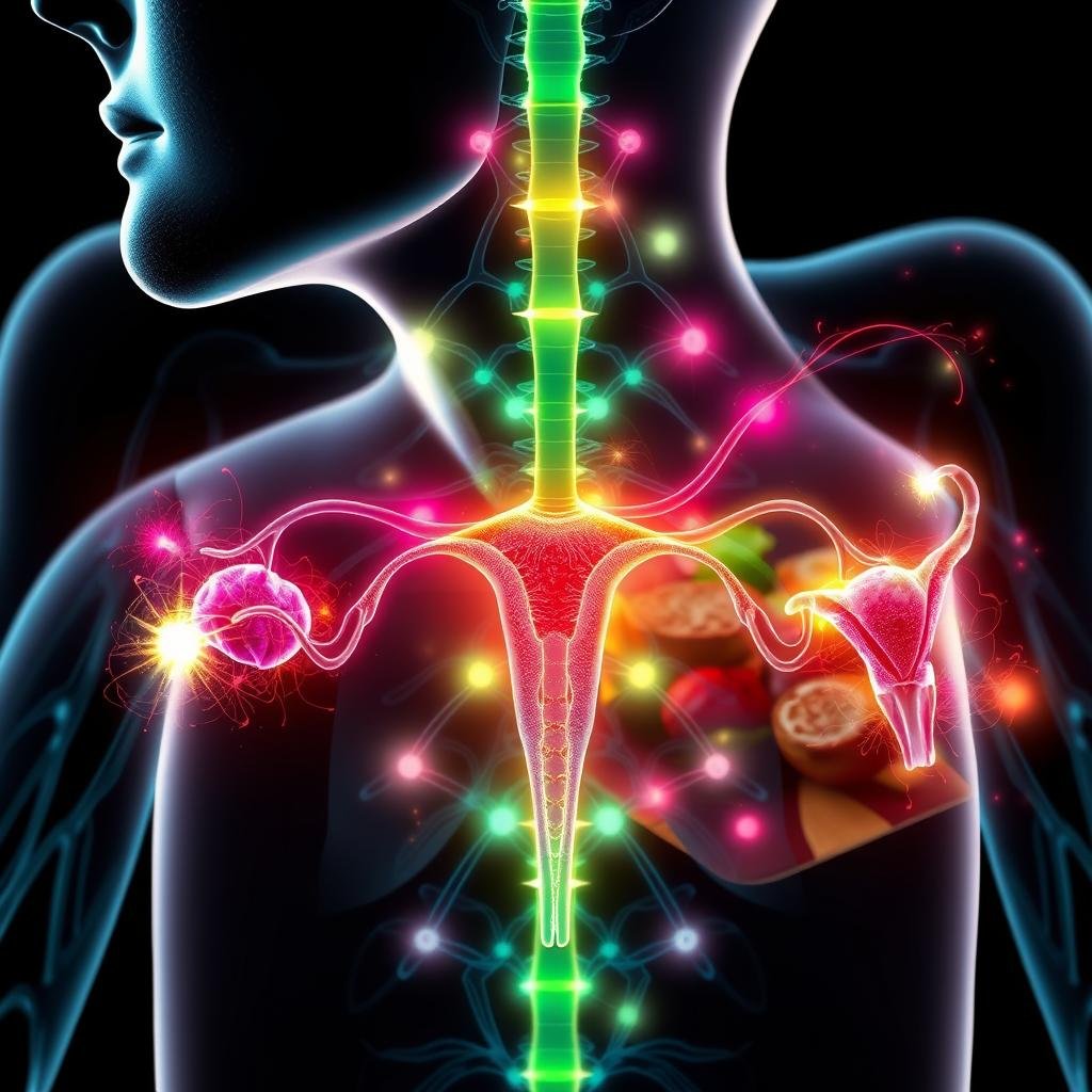 A detailed close-up illustration of the human endocrine system, with a focus on the key hormones involved in ketogenic weight loss for women. In the foreground, prominent glands such as the thyroid, adrenal, and ovaries are depicted in realistic anatomical detail, emitting colorful glowing energy fields to represent their hormonal activity. In the middle ground, these energy fields intertwine, symbolizing the complex interactions between the hormones. The background features a stylized keto-friendly meal, highlighting the connection between diet and hormonal balance. The overall mood is one of scientific authority and visual elegance, conveying the importance of understanding hormonal factors in a woman's ketogenic weight loss journey.
