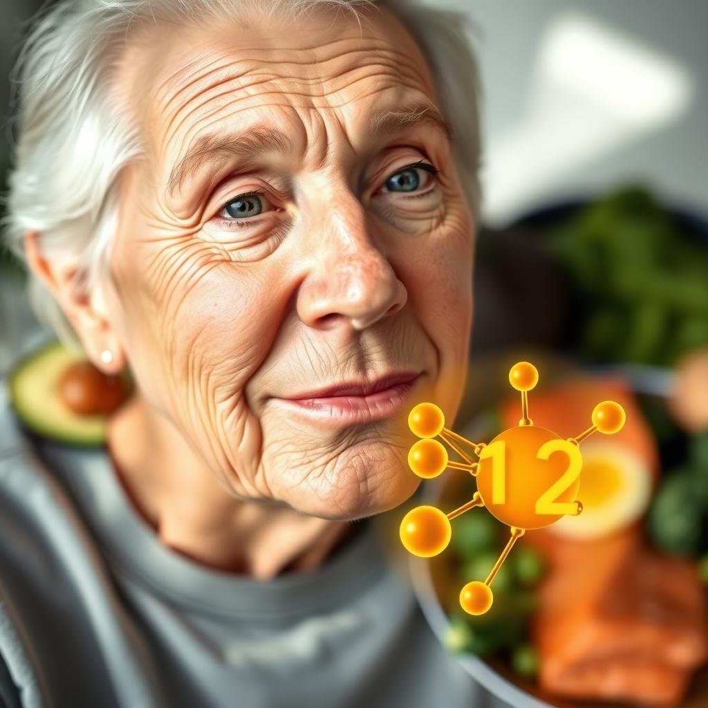 A bright, well-lit close-up photograph of a senior adult's face, with a serene, thoughtful expression. In the middle ground, a transparent overlay depicting the molecular structure of vitamin B12, glowing with a warm, golden hue. In the background, a blurred, soft-focus image of various keto-friendly foods, such as avocados, salmon, and leafy greens, suggesting the benefits of a keto diet for older adults. The lighting is natural and diffused, creating a sense of calm and wellness. The overall composition conveys the importance of vitamin B12 for energy, cognitive function, and holistic health in seniors following a keto diet.