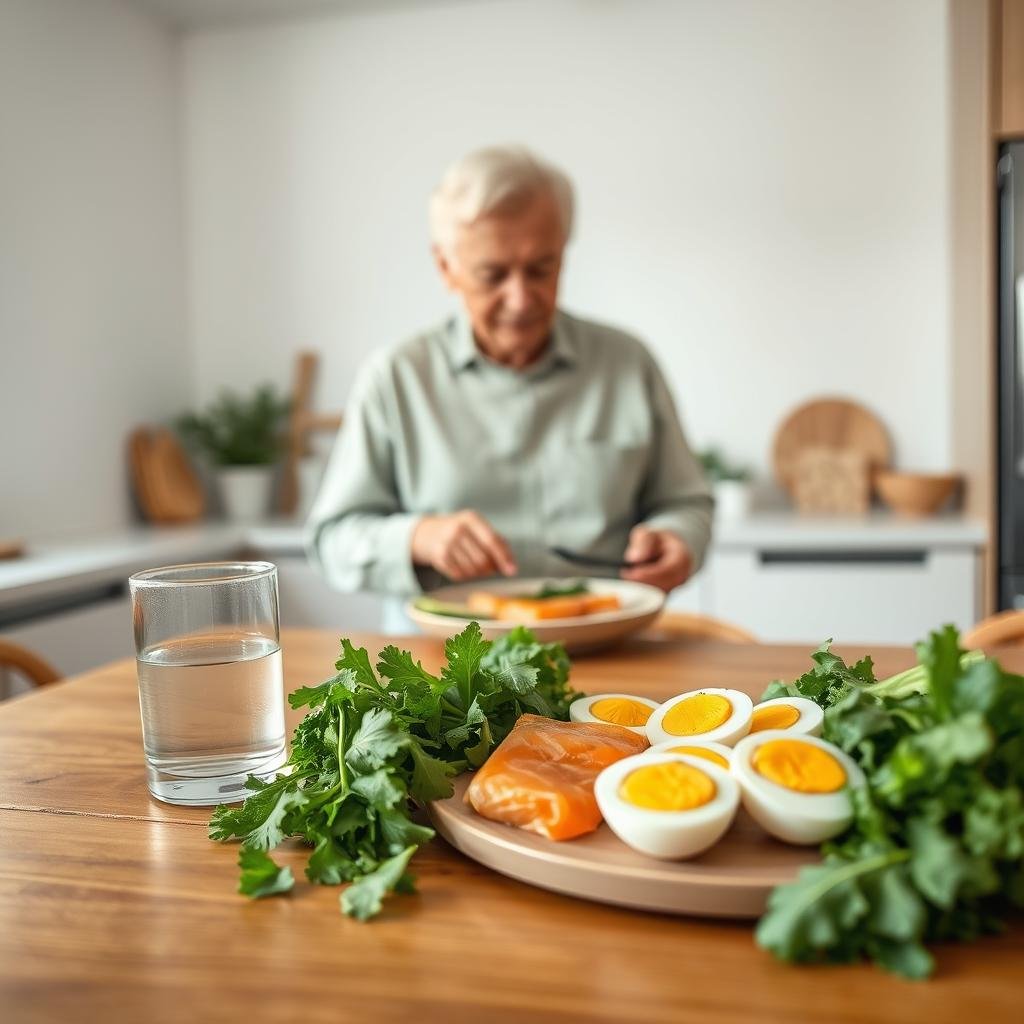 A clean, modern kitchen with soft, natural lighting. In the foreground, a wooden table showcases a variety of keto-friendly ingredients: leafy greens, avocado, salmon filets, hard-boiled eggs, and a glass of water. In the middle ground, a senior adult, dressed casually, is plating a balanced keto meal, arranging the ingredients with care. The background features simple, minimal decor, highlighting the tranquil, easy-going atmosphere. The overall scene conveys a sense of healthy, effortless meal planning tailored for an older adult's dietary needs and lifestyle.