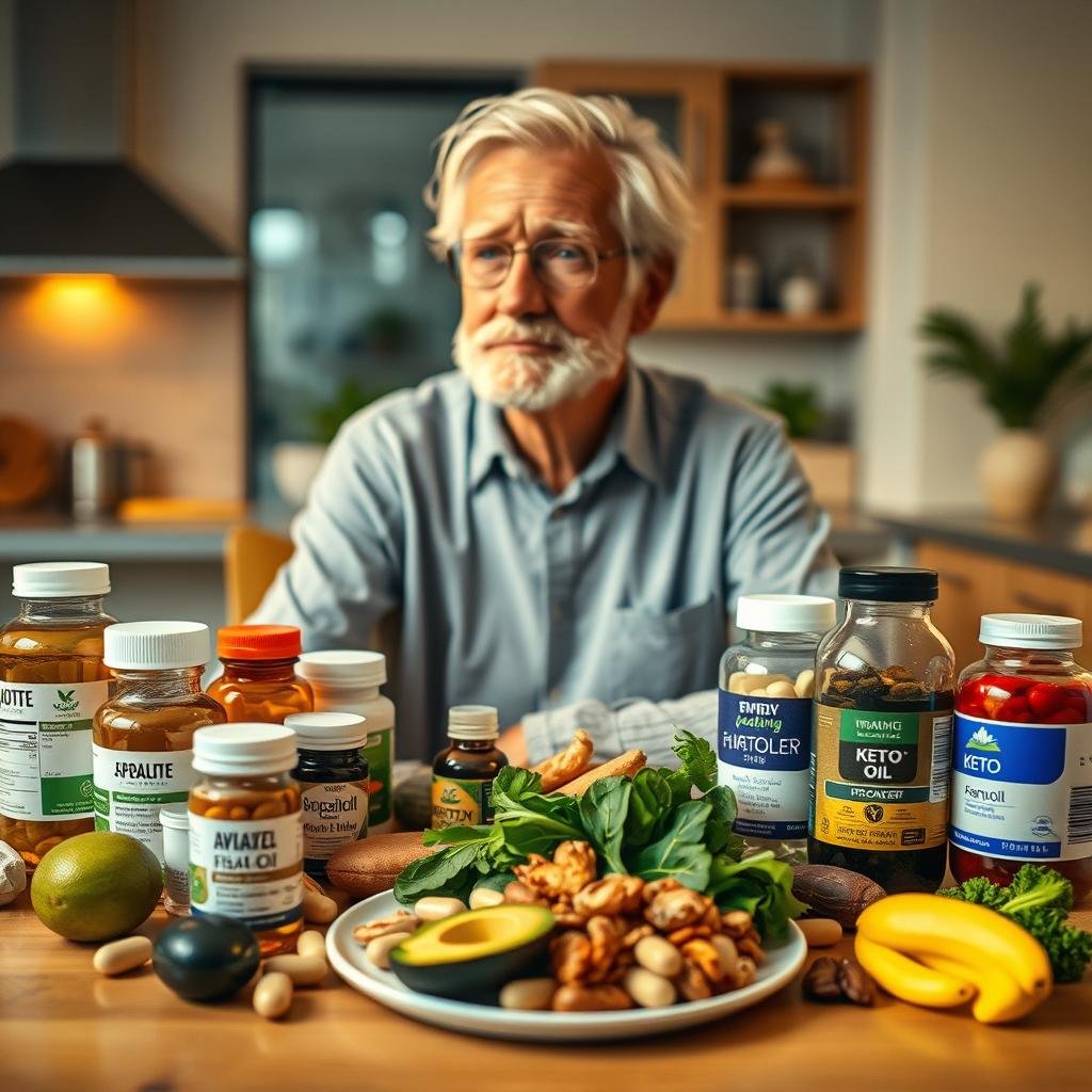 A vibrant senior adult in a thoughtful pose, sitting at a table surrounded by a variety of keto-friendly foods and supplements. Soft, golden lighting illuminates the scene, creating a warm, inviting atmosphere. In the foreground, an array of vitamin bottles, fish oil capsules, and other nutrient-dense items are neatly arranged, emphasizing the importance of supplementation for optimal health and nutrient absorption on a ketogenic diet. The middle ground features a plate with a variety of low-carb, high-fat foods like avocado, nuts, and leafy greens, symbolizing the balanced nutrition required for seniors maintaining a keto lifestyle. The background showcases a cozy, domestic setting, such as a kitchen or dining room, to convey the idea of a comfortable, supportive environment for senior keto adherents.