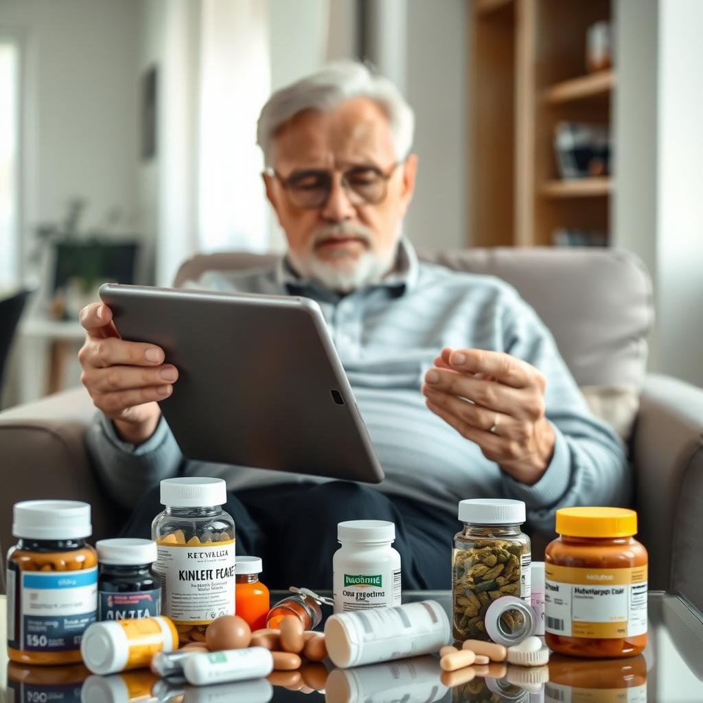 A well-lit, crisp photograph of a senior adult carefully reviewing a tablet displaying health-related information, with a collection of supplements, medications, and nutritional items in the foreground. The subject sits in a comfortable chair, their expression contemplative as they consider the potential health impacts of starting a ketogenic diet. The background features a warm, inviting home setting with natural lighting, creating a sense of thoughtful introspection. The overall mood is one of thoughtful consideration, with an emphasis on the importance of prioritizing health and safety when embarking on a significant dietary change later in life.