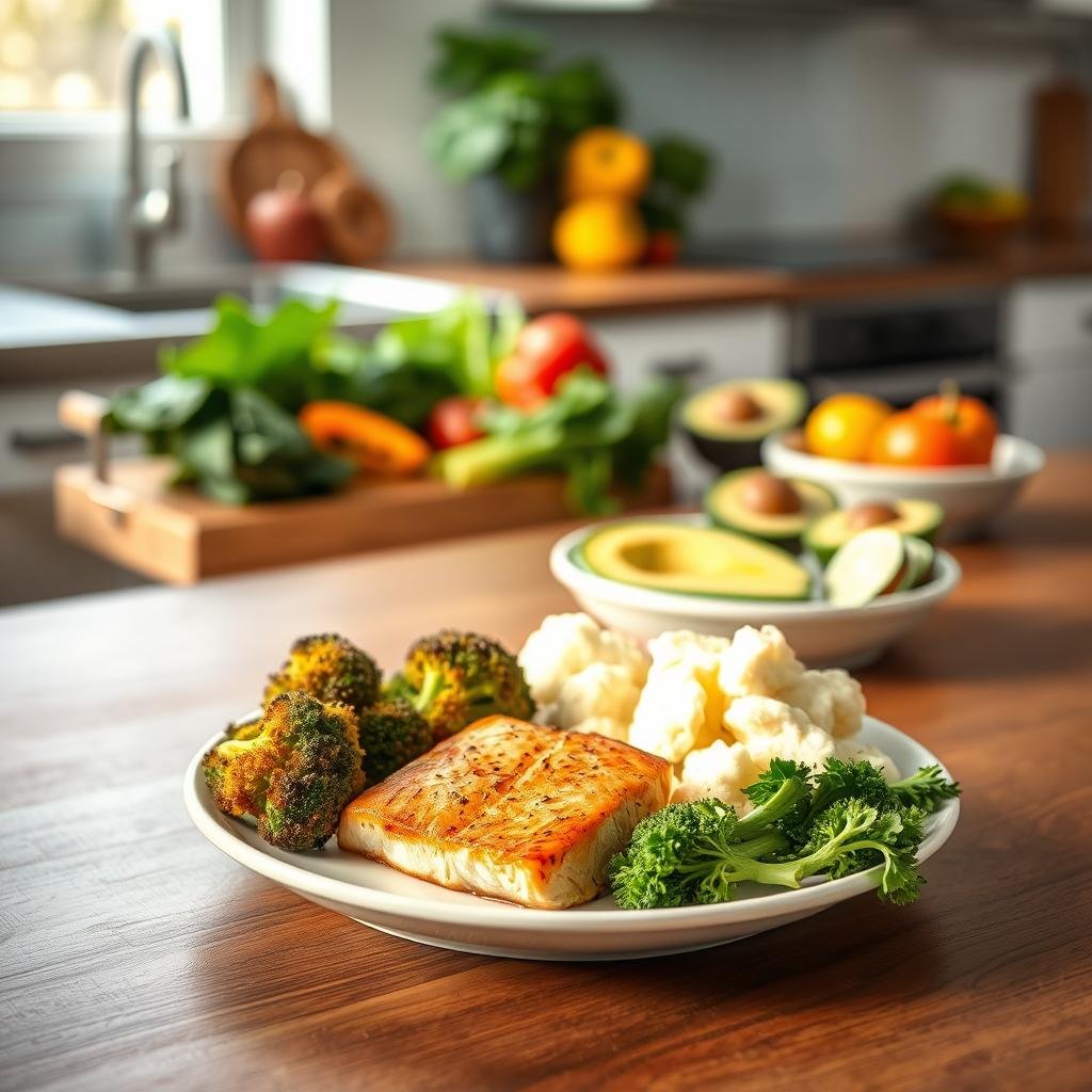 A well-lit, high-quality photograph of a balanced, nutritious keto-friendly meal for seniors, presented on a wooden table. The foreground features a plate with a serving of grilled salmon, roasted broccoli, and a small portion of mashed cauliflower. The middle ground showcases a variety of low-carb vegetables, such as leafy greens, bell peppers, and avocado slices, arranged neatly. The background depicts a clean, minimalist kitchen setting with natural lighting streaming in through a window, creating a calming, inviting atmosphere. The overall composition conveys the simplicity and health benefits of a ketogenic diet tailored for an older audience.