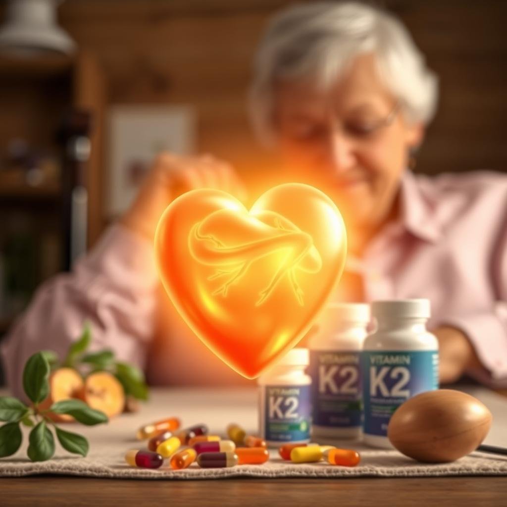 Vitamin K2 for senior heart health: a photorealistic closeup of a soft glowing heart in the foreground, surrounded by a halo of golden light, with colorful vitamin K2 capsules and supplements in the middle ground, against a blurred background of senior lifestyle elements like walking canes, reading glasses, and healthy foods. The lighting is natural and warm, creating a sense of comfort and well-being. The overall mood is peaceful, serene, and focuses on the importance of this overlooked nutrient for cardiovascular health in the elderly.