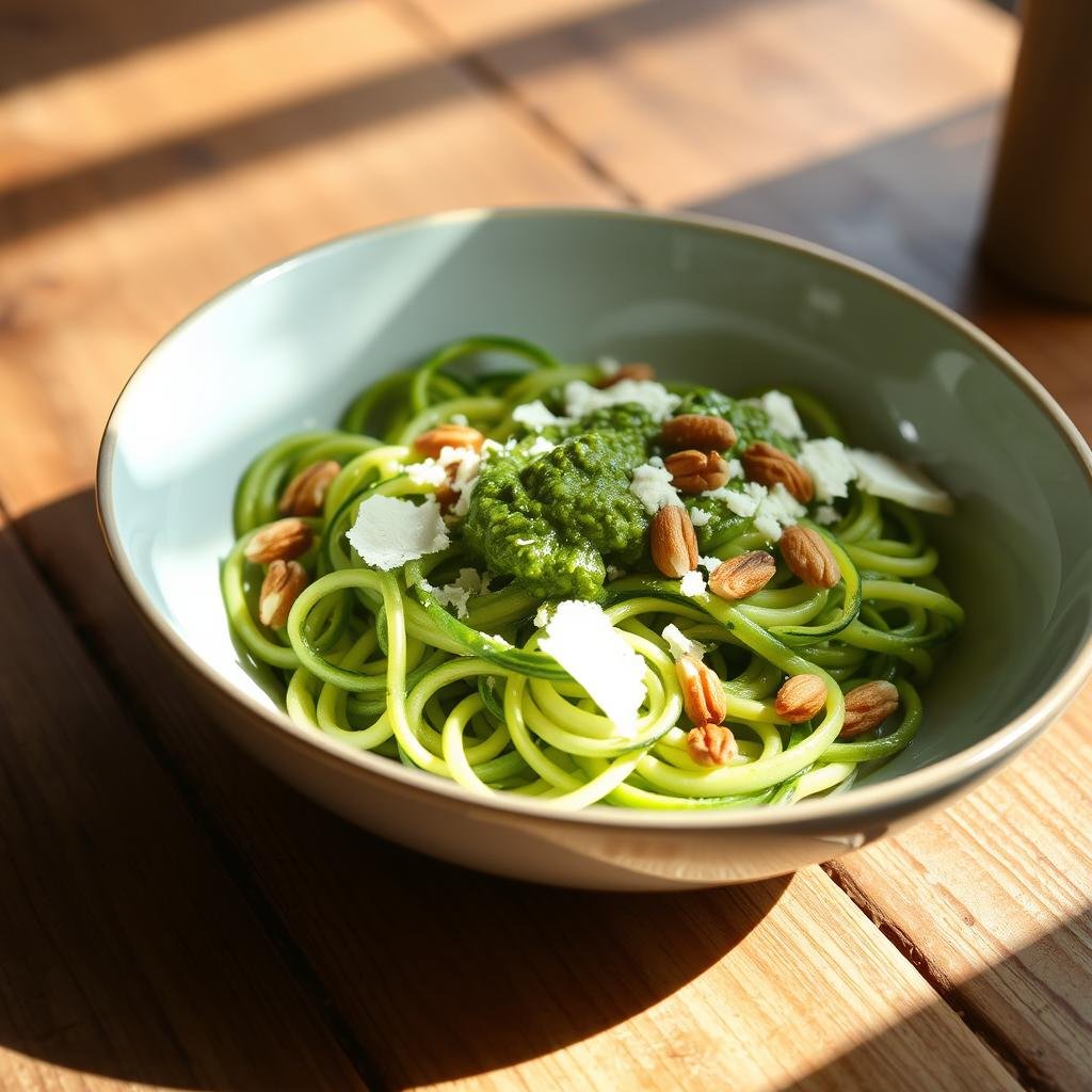 A bowl of fresh, vibrant zucchini noodles nestled on a rustic wooden table, drizzled with a luscious, bright green pesto sauce. The zucchini strands are evenly cut, their texture inviting and al dente. Toasted pine nuts and shredded Parmesan cheese add a delightful crunch and savory depth. Soft, natural lighting from the side casts warm shadows, highlighting the dish's textures and colors. The overall scene exudes a simple, wholesome, and nourishing atmosphere, perfect for a healthy, low-carb meal for health-conscious seniors.