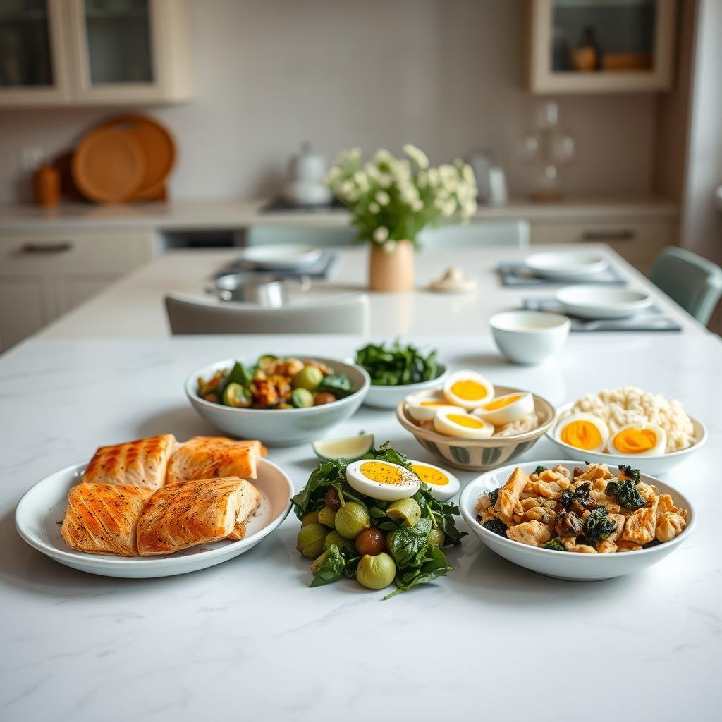 A clean, well-organized kitchen counter displaying a variety of keto-friendly dishes for seniors, captured in soft, warm lighting. In the foreground, a selection of lean protein sources like grilled salmon, roasted chicken, and hard-boiled eggs. The middle ground features a mix of low-carb vegetables, such as roasted brussels sprouts, sautéed spinach, and cauliflower rice. The background showcases a simple, elegant table setting with a minimalist aesthetic, complementing the healthy, balanced meal plan. The overall atmosphere conveys a sense of nourishment, simplicity, and ease, catering to the dietary needs and preferences of the senior audience.