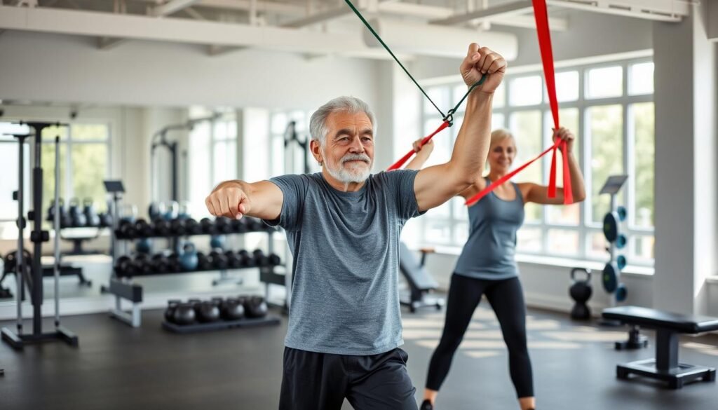 A senior adult performs strength training exercises with resistance bands in a well-lit, modern gym. The foreground shows their focused expression and careful form as they work their upper body, core, and legs. The middle ground depicts various exercise equipment like free weights, kettlebells, and a weight bench. The background has an airy, minimalist aesthetic with large windows letting in natural light. The overall scene conveys the importance of tailored, low-impact workouts for older adults following a ketogenic diet to maintain muscle mass and functional strength.
