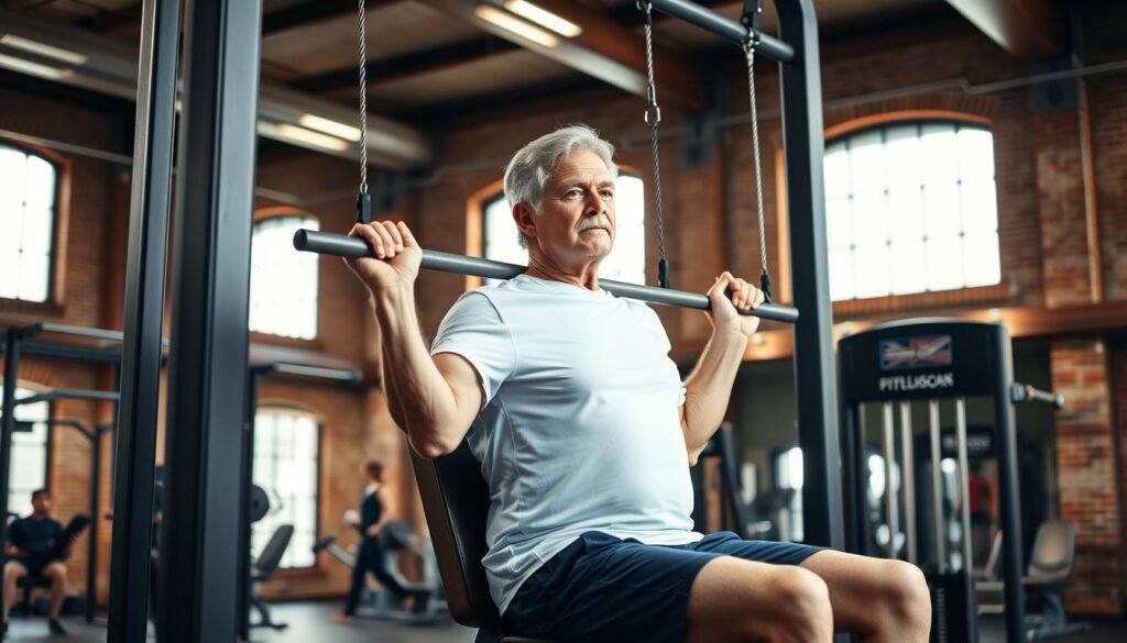 A senior adult with gray hair, wearing a white t-shirt and navy blue shorts, sitting on a fitness bench and using a lat pulldown machine. The background is a well-equipped gym with high ceilings, exposed brick walls, and natural light streaming in through large windows. The lighting is warm and flattering, accentuating the subject's focused expression as they pull the bar down towards their chest, engaging their back muscles. The camera angle is slightly elevated, capturing the scene from an angle that showcases the proper form and technique of the lat pulldown exercise.