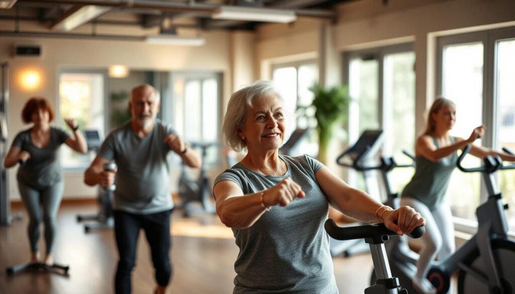 A well-lit indoor gym setting, with a cozy and inviting atmosphere. In the foreground, a group of seniors diligently performing safe exercises such as light weightlifting, resistance band workouts, and low-impact cardio on stationary bikes. Gentle lighting from overhead fixtures casts a warm glow, while the background features modern fitness equipment and large windows allowing natural light to filter in. The seniors' expressions convey a sense of focus, comfort, and camaraderie as they engage in their routine. The overall scene exudes a serene, supportive, and age-appropriate environment for seniors pursuing their fitness goals.