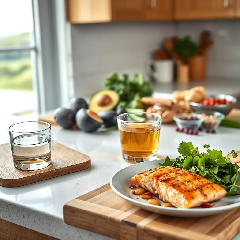 A well-lit kitchen counter, with a selection of keto-friendly foods neatly arranged. In the foreground, a plate showcases a balanced meal of grilled salmon, roasted vegetables, and a side of leafy greens. Next to it, a glass of water and a cup of herbal tea sit atop a wooden cutting board. In the middle ground, various ingredients like avocados, nuts, and berries are displayed, highlighting the nutrient-dense nature of a keto diet for seniors. The background features a window overlooking a serene, natural landscape, conveying a sense of tranquility and well-being. The overall scene radiates an atmosphere of healthy, sustainable nourishment that supports active aging.