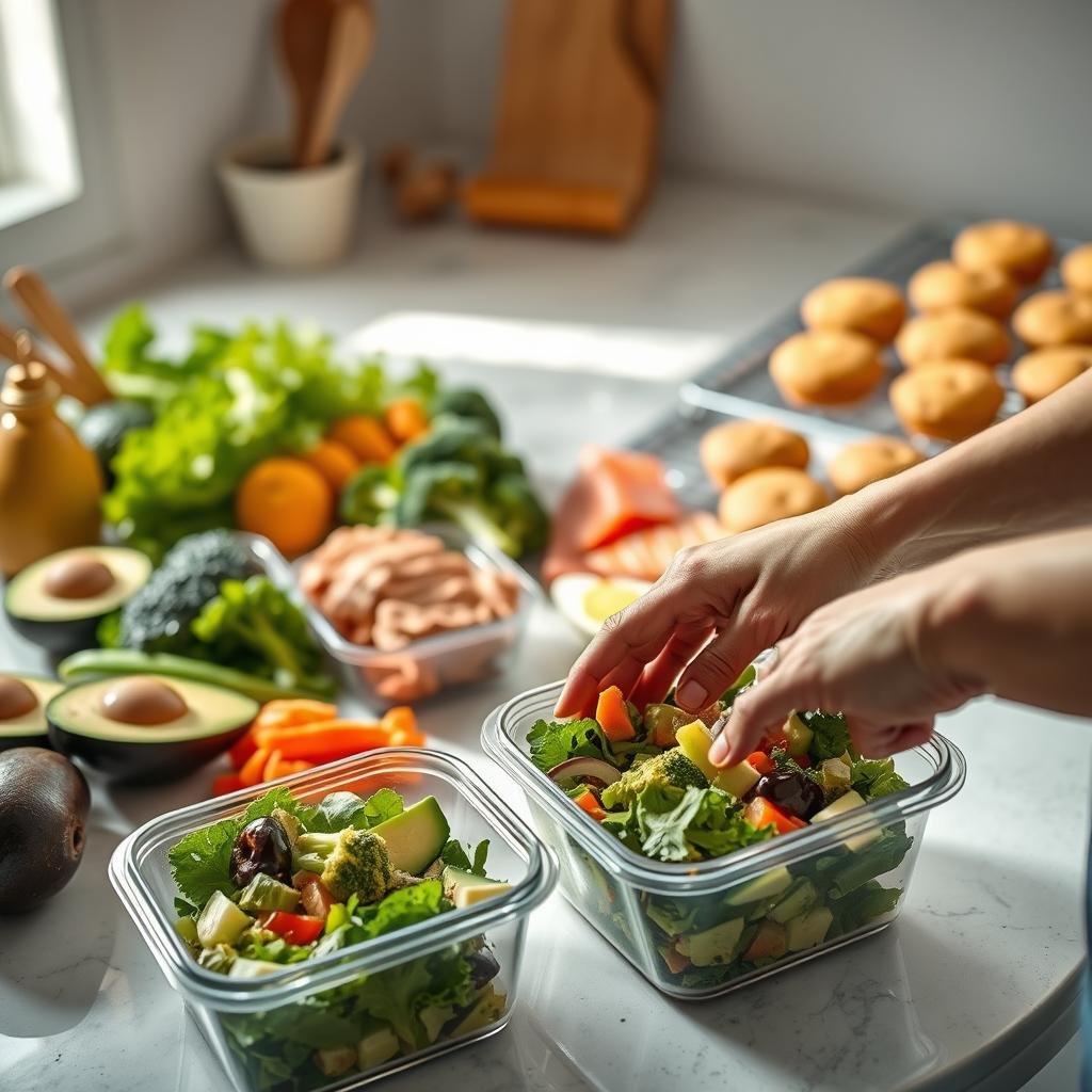 A well-lit kitchen counter with various keto-friendly ingredients and meal prep containers neatly arranged. In the foreground, an elderly person's hands are carefully portioning out a salad into a meal prep container. The middle ground features an assortment of low-carb vegetables, proteins, and healthy fats, such as avocado, broccoli, salmon, and hard-boiled eggs. In the background, a batch of keto-friendly muffins or baked goods is cooling on a wire rack, emitting a warm, homely aroma. The lighting is soft and natural, creating a calming, inviting atmosphere. The overall scene conveys a sense of meal planning, organization, and thoughtful nourishment for seniors following a keto diet.