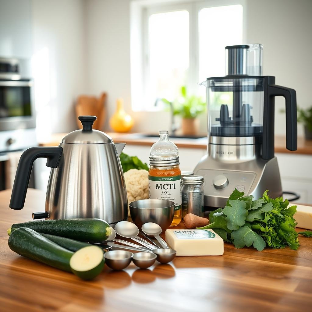 A well-lit kitchen scene with a variety of essential ketogenic diet tools arranged neatly on a wooden table. In the foreground, a high-quality stainless steel kettle, a set of measuring cups and spoons, and a sleek food processor. In the middle ground, a collection of low-carb vegetables like zucchini, cauliflower, and leafy greens, alongside a jar of MCT oil and a block of grass-fed butter. The background features a modern, minimalist kitchen with clean lines and natural lighting filtering through large windows, creating a calming, health-conscious atmosphere. The overall composition conveys simplicity, efficiency, and the tools needed for a beginner to start a successful ketogenic diet.