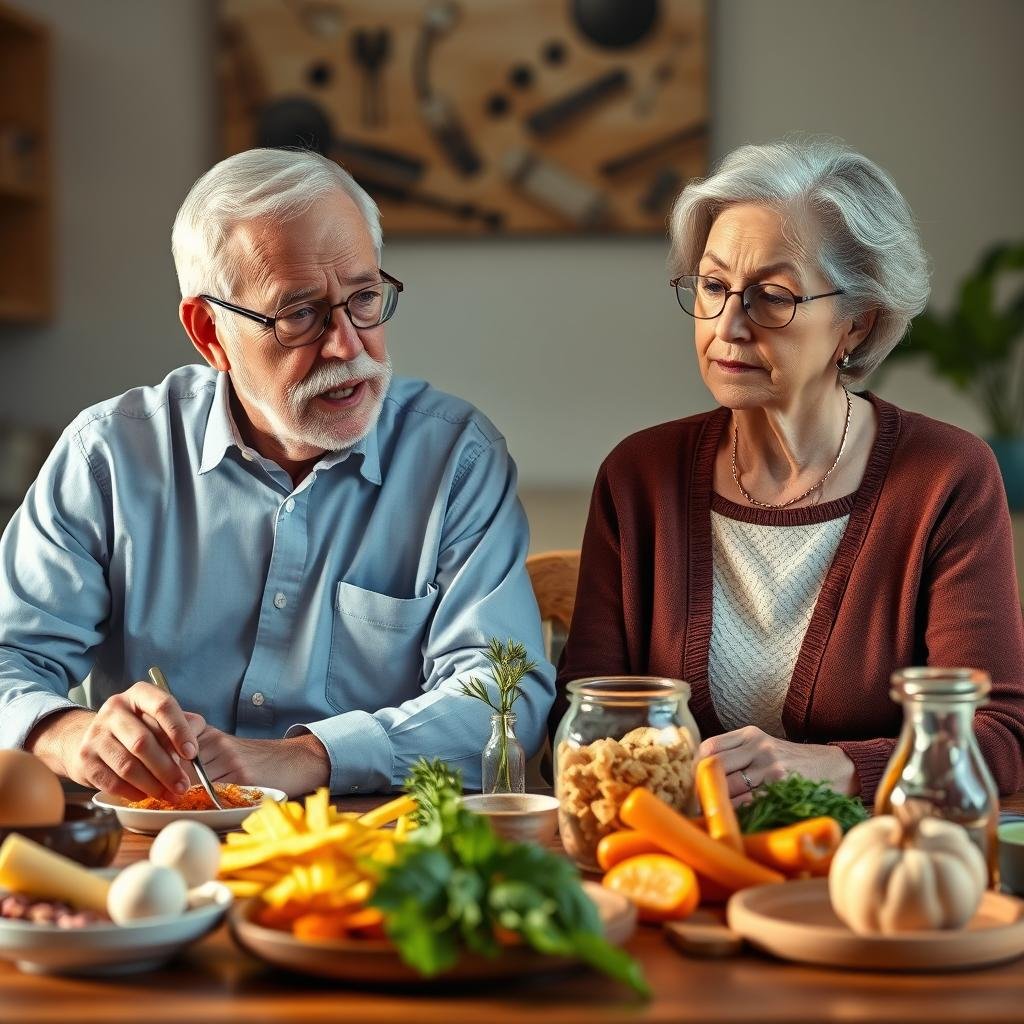 Detailed illustration of an elderly couple transitioning gradually to a keto diet, with a calm and informative atmosphere. A well-lit, close-up scene showing an older man and woman sitting at a table, carefully examining a variety of keto-friendly foods and ingredients. The couple appears thoughtful and engaged, with a subtle sense of curiosity and openness to the dietary changes. The background should be softly blurred, keeping the focus on the couple and the keto-related items on the table. Include natural lighting and warm, earthy tones to convey a sense of comfort and healthy living.