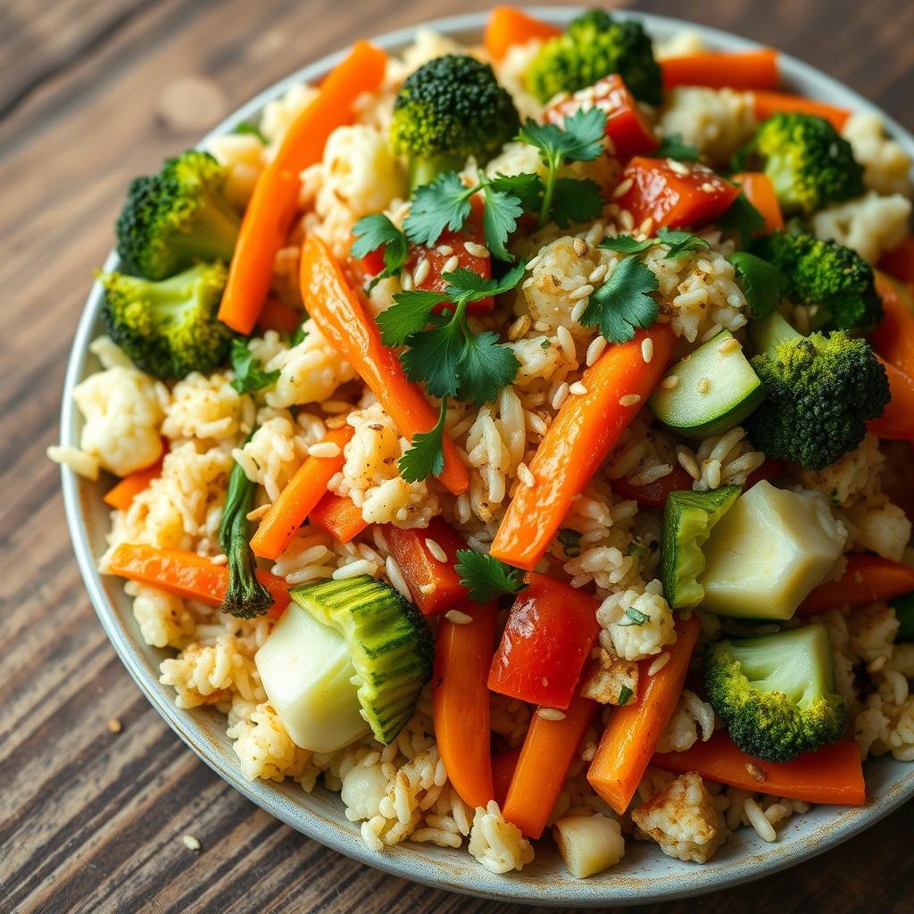 High-quality close-up shot of a keto-friendly cauliflower rice stir-fry on a wooden table, featuring an array of fresh vegetables including broccoli florets, sliced zucchini, shredded carrots, and diced bell peppers. The dish is garnished with fresh herbs like chopped cilantro and toasted sesame seeds, giving it a vibrant, appetizing appearance. The lighting is natural and slightly diffused, creating soft shadows and highlights that emphasize the textures and colors of the ingredients. The camera angle is slightly elevated to provide a clear, unobstructed view of the dish, showcasing its visually appealing and nourishing composition, perfect for an article targeted at health-conscious seniors following a keto diet.