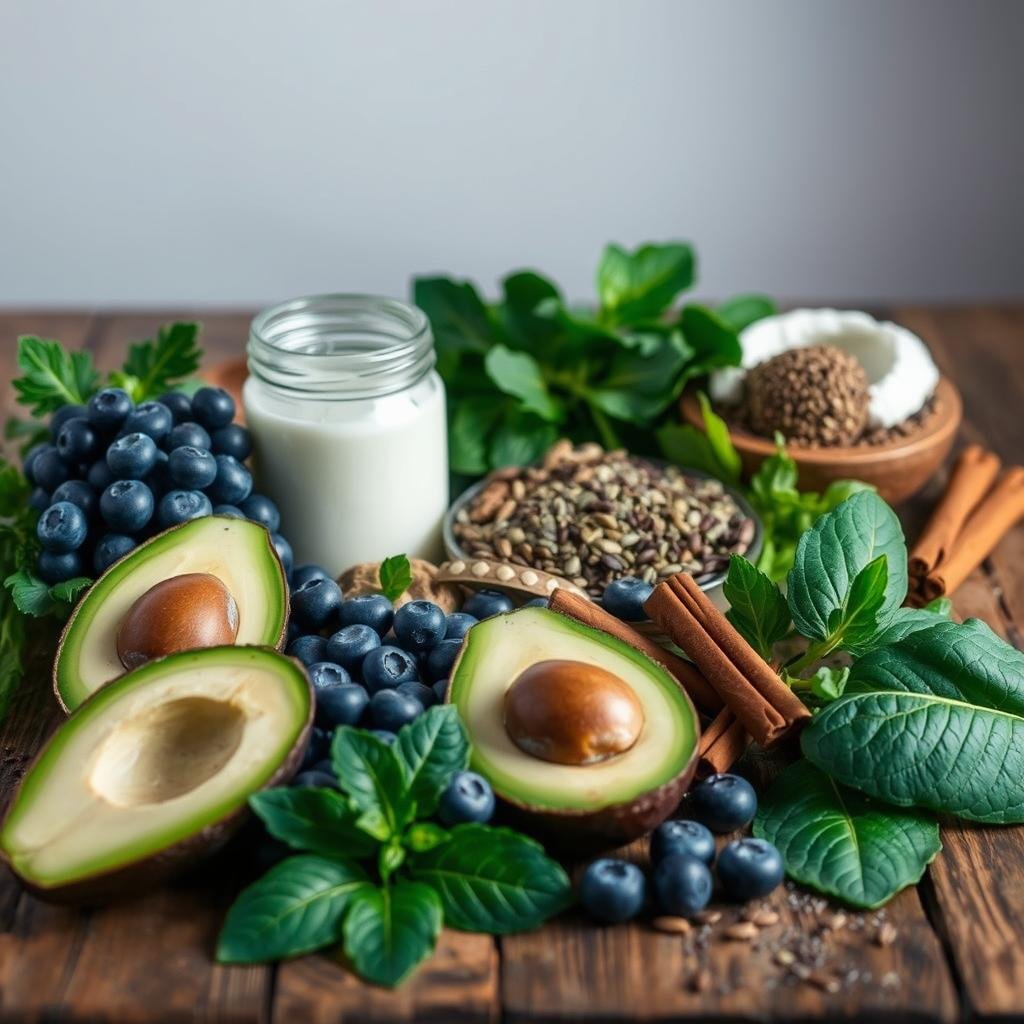A beautifully lit, high-quality still life photograph of an assortment of keto-friendly beauty foods arranged on a rustic wooden surface. In the foreground, ripe avocados, creamy coconut oil, fresh blueberries, and vibrant leafy greens are displayed with natural elegance. In the middle ground, a variety of nuts, chia seeds, and cinnamon sticks add depth and texture. The background features soft, diffused lighting that creates a warm, inviting atmosphere, highlighting the colors and textures of the carefully curated selection of superfoods known for their skin and hair nourishing properties.