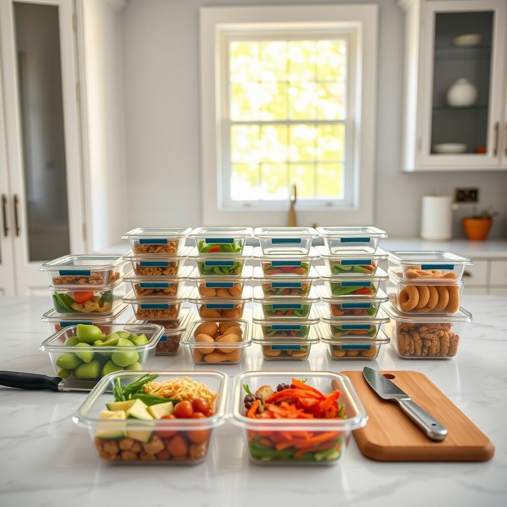 A beautifully lit kitchen scene with a neatly arranged set of keto meal prep containers on a marble countertop. The containers are in various shapes and sizes, showcasing a variety of keto-friendly meals and snacks. In the background, a bright window casts a warm, natural light, creating a cozy and inviting atmosphere. The containers are accompanied by a few simple kitchen tools, such as a chef's knife and a cutting board, to convey the ease and efficiency of meal prepping. The overall composition emphasizes the time-saving benefits of this organized approach to keto meal planning.