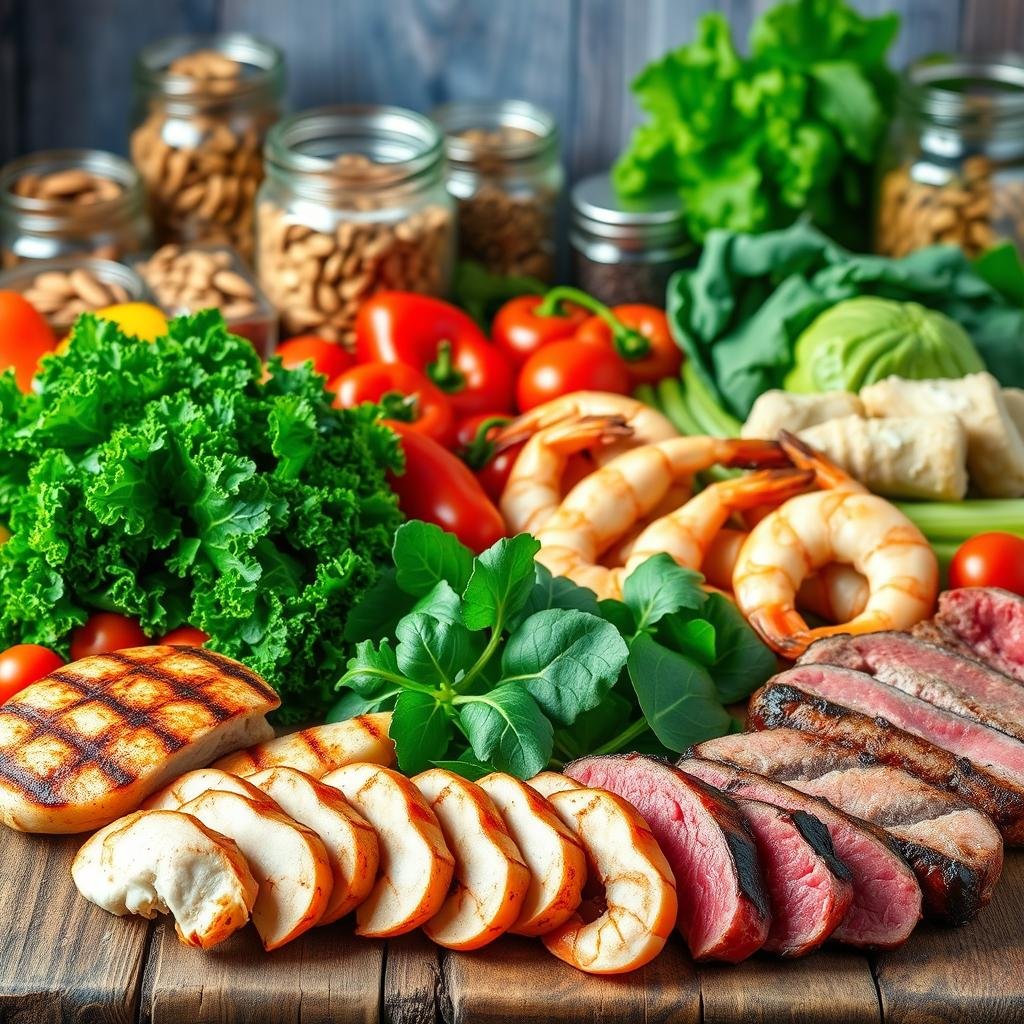 A bountiful still life featuring an array of high-protein, low-carb ingredients. In the foreground, juicy slices of grilled chicken, succulent shrimp, and tender cuts of beef sit atop a rustic wooden surface, illuminated by soft, natural lighting. The middle ground showcases a selection of vibrant green leafy vegetables, such as kale and spinach, along with colorful bell peppers and cherry tomatoes. In the background, jars of nuts and seeds, including almonds, walnuts, and chia, add textural contrast. The overall composition exudes a sense of health, balance, and culinary inspiration, perfectly capturing the essence of protein-rich, low-carb eating.