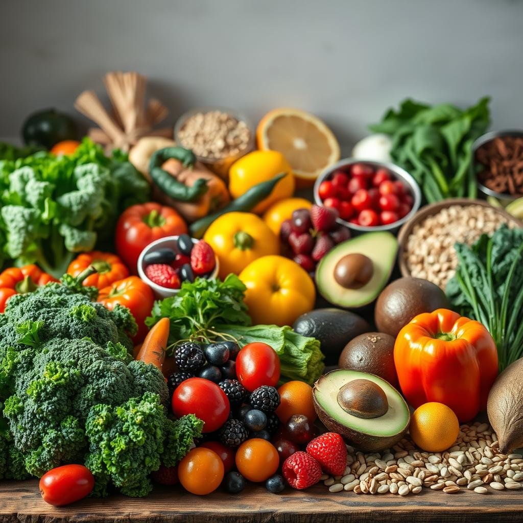 A bountiful still life showcasing an array of whole foods known to support metabolic health. In the foreground, an assortment of fresh, vibrant vegetables like broccoli, kale, and peppers, illuminated by warm, natural lighting. In the middle ground, a selection of nutrient-dense fruits such as berries, citrus, and avocado, arranged with care. The background features wholesome grains, legumes, and nuts, complementing the scene. The composition is balanced and visually appealing, capturing the essence of a nutritious, well-rounded diet for optimal metabolic function. Crisp, high-resolution details enhance the realistic quality of the image.