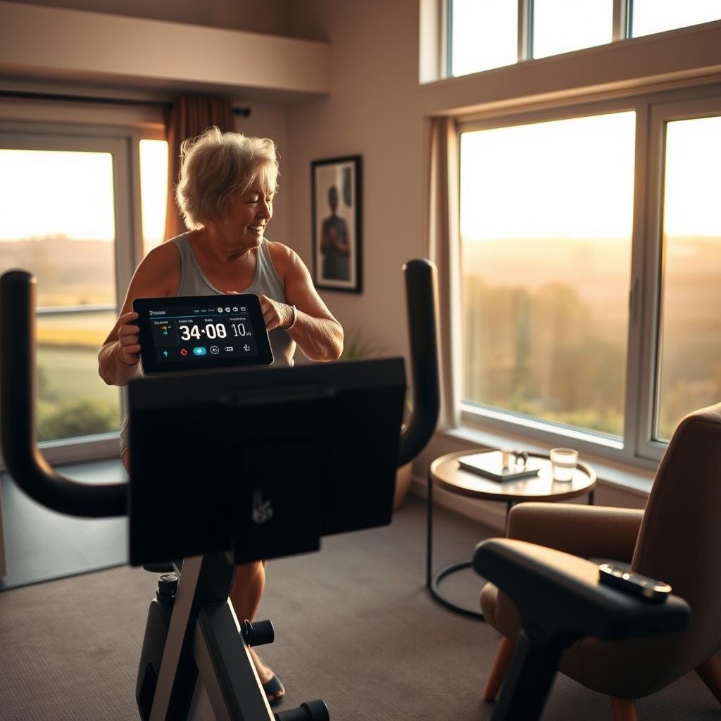 A cozy and well-lit home gym setting, with a senior adult tracking their weight loss progress on a digital display. The foreground features a modern, minimalist exercise bike, with the display screen prominently showing weight and fitness metrics. In the middle ground, a comfy armchair and a side table with a glass of water and a fitness tracker watch. The background showcases a large window overlooking a serene outdoor landscape, bathed in warm, natural lighting. The overall atmosphere conveys a sense of calm, focus, and determination as the senior works towards their health goals.
