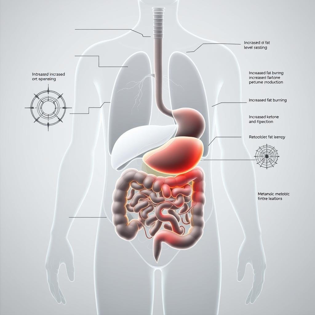 A detailed cross-section diagram depicting the metabolic processes involved in a senior's body on a ketogenic diet. The foreground shows the internal organs and systems, including the liver, pancreas, and intestines, with highlighted areas indicating increased fat burning and ketone production. The middle ground features a stylized representation of the circulatory system, with blood vessels transporting nutrients and energy sources. The background showcases a minimalist, technical illustration of the cellular-level mechanisms, such as mitochondria and metabolic pathways, all rendered in a clean, monochromatic palette that conveys the scientific nature of the subject matter. The lighting is soft and diffused, creating a sense of depth and emphasizing the intricate details of the anatomy and physiology. The overall tone is educational and informative, designed to clearly illustrate the metabolic changes experienced by seniors on a ketogenic diet.
