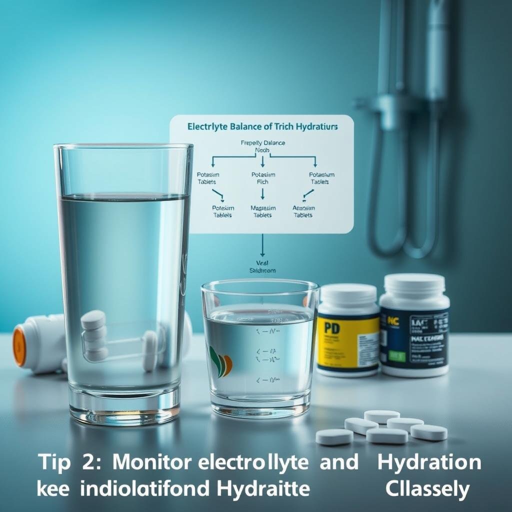 A detailed illustration of electrolyte balance for keto diet after coronary artery bypass graft (CABG) surgery. In the foreground, a glass of clear liquid representing proper hydration, flanked by various electrolyte-rich supplements like potassium, sodium, and magnesium tablets. In the middle ground, a schematic diagram showcasing the delicate balance of these essential minerals for ketogenic dieters post-CABG. The background features a soft, muted medical setting with subtle blue and green hues, conveying a sense of clinical precision and care. Lit by soft, indirect lighting to highlight the key elements, the image should strike a tone of informative clarity for the "Tip 2: Monitor Electrolytes and Hydration Closely" section.