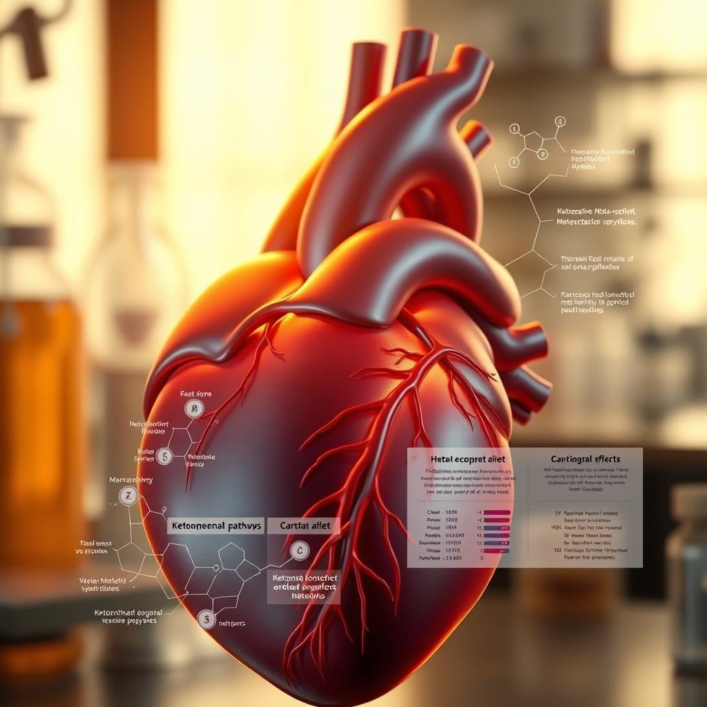 A detailed medical illustration depicting the intersection of a ketogenic diet and heart disease research. In the foreground, a stylized human heart with visible arteries and veins, illuminated by warm, diffused lighting. In the middle ground, molecular diagrams and data visualizations related to ketogenic metabolic pathways and their cardiovascular effects. The background features a subtly blurred, scientific laboratory setting with research equipment and materials. The overall tone is informative, authoritative, and visually striking, creating a sense of scientific inquiry and the potential benefits or risks of a ketogenic diet for individuals with heart disease.