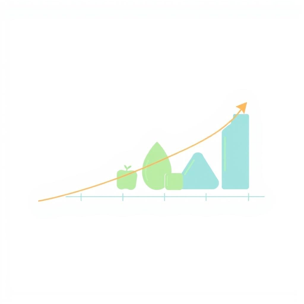 A gradual increase in carbohydrates is depicted in a stylized, minimalist illustration. In the foreground, a line graph shows a steady upward trend, representing the gradual carb intake over time. The graph is rendered in a soft, pastel palette, creating a calming, wellness-focused atmosphere. In the middle ground, simple geometric shapes in shades of green and blue symbolize different food groups, visually communicating the balanced approach to increasing carbs. The background features a clean, white space with subtle textures, allowing the key visual elements to take center stage. The overall composition conveys a sense of control, progress, and a thoughtful, step-by-step strategy for transitioning from a low-carb to a more balanced dietary approach.