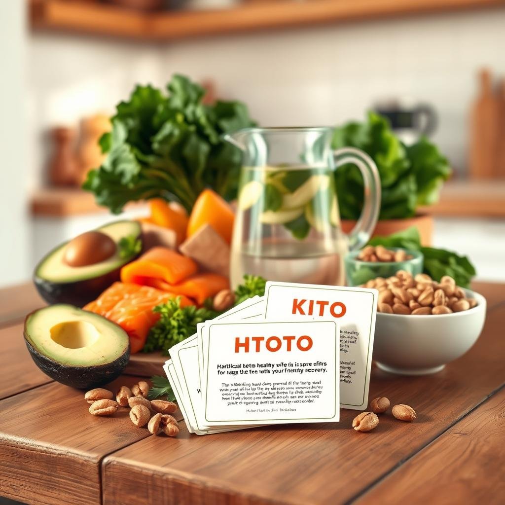 A meticulously rendered digital illustration depicting a still life composition showcasing several heart-healthy keto-friendly ingredients. In the foreground, a selection of low-carb superfoods like avocado, salmon, leafy greens, and nuts are artfully arranged on a rustic wooden surface, bathed in warm, natural lighting. The middle ground features a glass pitcher of infused water, complemented by a small stack of informative cards detailing practical keto diet tips for post-bypass recovery. The background subtly fades into a soft, out-of-focus kitchen setting, evoking a sense of calm and wellness. The overall composition radiates a soothing, minimalist aesthetic, visually communicating the importance of a nutrient-dense, heart-healthy keto diet during the recovery process.