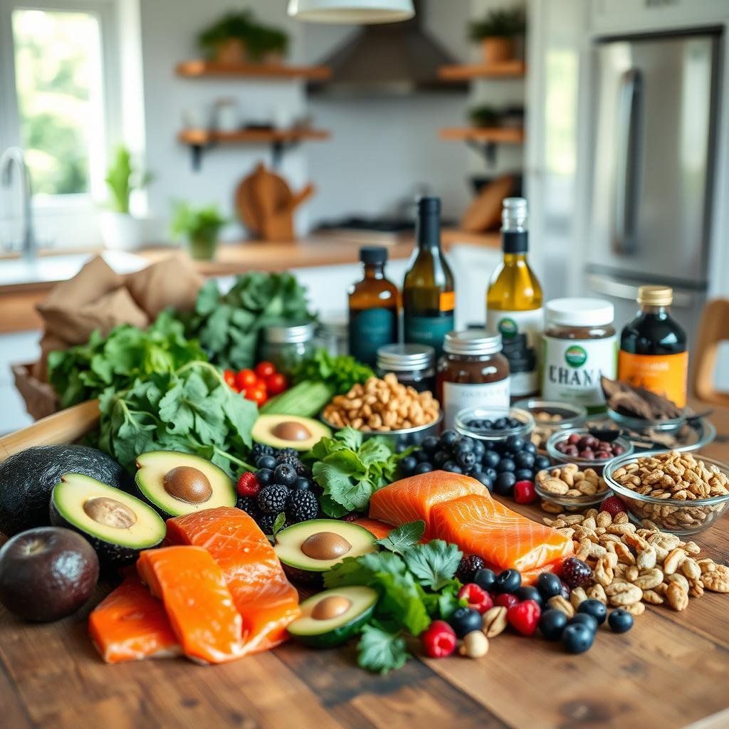 A neatly organized keto beauty food shopping guide, laid out on a rustic wooden table. In the foreground, a variety of keto-friendly ingredients: avocados, salmon fillets, leafy greens, berries, and nuts. In the middle ground, glass jars containing keto supplements and oils. In the background, a clean, airy kitchen with natural lighting, creating a warm, inviting atmosphere. The image conveys a sense of wellness, healthy living, and a thoughtful approach to keto-friendly meal preparation.