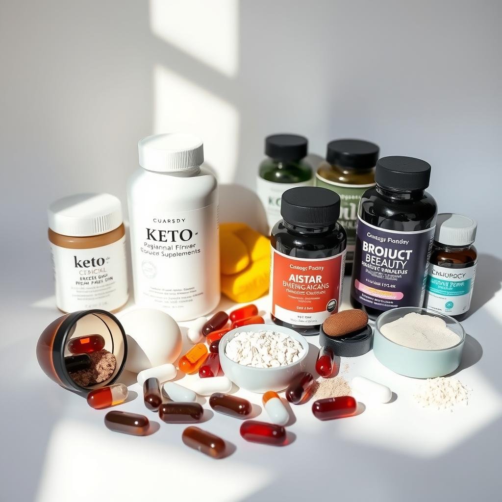 A still life of an assortment of keto-friendly beauty supplements, including a variety of capsules, gummies, and powders, artfully arranged on a pristine white backdrop. The lighting is soft and diffused, creating a warm, natural glow that highlights the vibrant colors and textures of the products. The camera angle is slightly elevated, creating a sense of depth and emphasizing the elegant, high-quality aesthetic of the supplements. The overall mood is one of wellness, sophistication, and the promise of radiant, healthy hair and skin.
