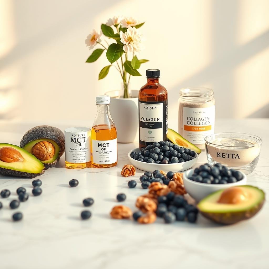 A stylish still life of keto beauty foods arranged on a minimalist white marble surface, bathed in warm, golden natural lighting. In the foreground, a collection of vibrant superfoods like avocado, blueberries, and walnuts, artfully positioned to showcase their colors and textures. The middle ground features a glass jar of antioxidant-rich MCT oil, a bottle of nutritious collagen powder, and a plate of creamy, keto-friendly chia pudding. In the background, a potted plant and a simple, elegant vase of fresh flowers create a soothing, spa-like ambiance. The overall composition conveys a sense of balance, wellness, and the optimal timing for incorporating these beauty-boosting keto foods into one's daily routine.