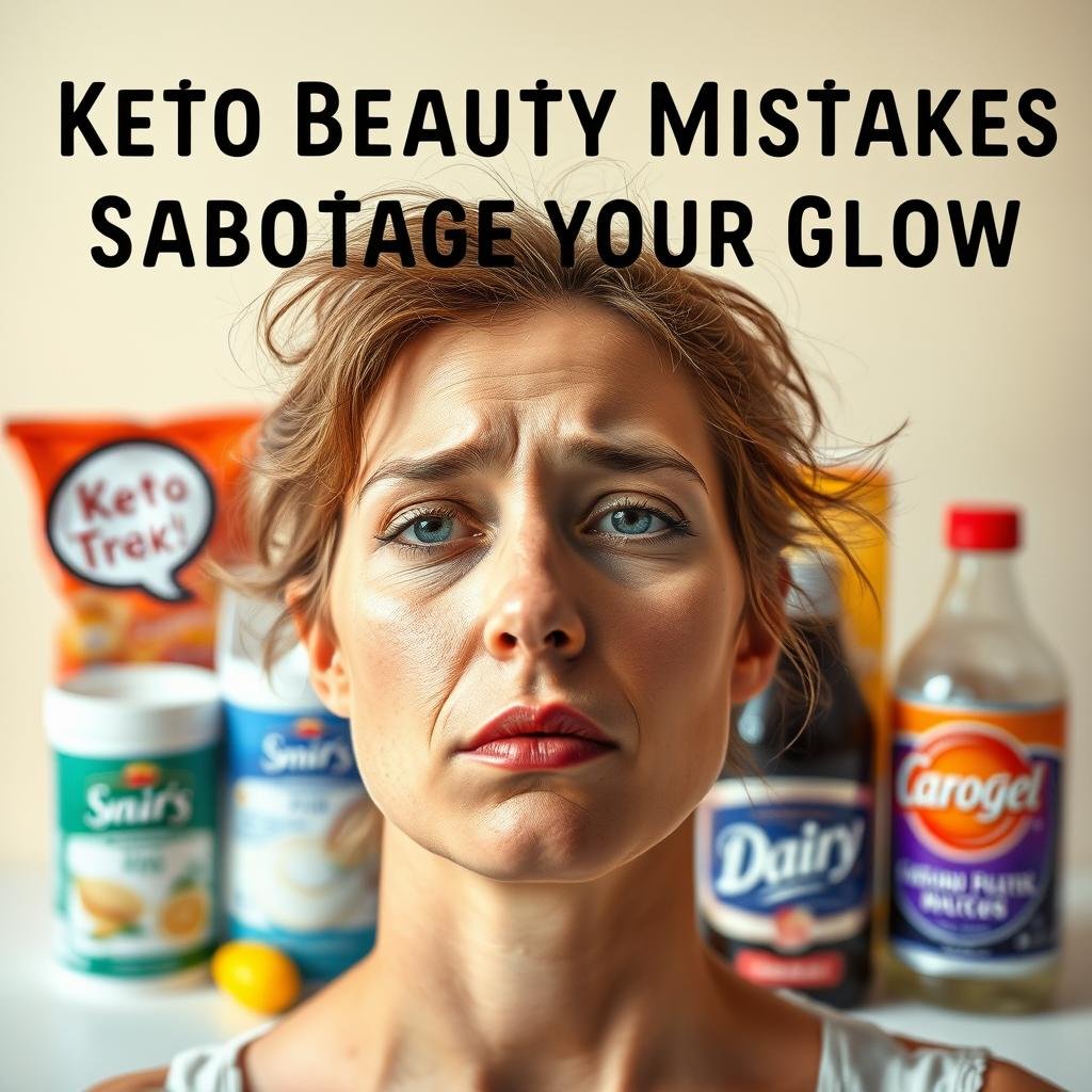 A stylized, high-resolution image of common keto beauty mistakes that sabotage one's glow. In the foreground, a person's face with washed-out, dull skin, dry and brittle hair, and tired eyes. The middle ground features various keto-related items like processed snacks, dairy products, and artificially-sweetened beverages, with a hint of confusion and disappointment. The background is a soft, hazy blur, evoking a sense of dissatisfaction and a lack of radiance. The lighting is harsh, creating harsh shadows and highlights, emphasizing the flaws. The composition is balanced, with the focal point being the person's face, surrounded by the problematic keto items. The overall mood is one of disappointment and missed potential, guiding the viewer towards making more informed keto beauty choices.