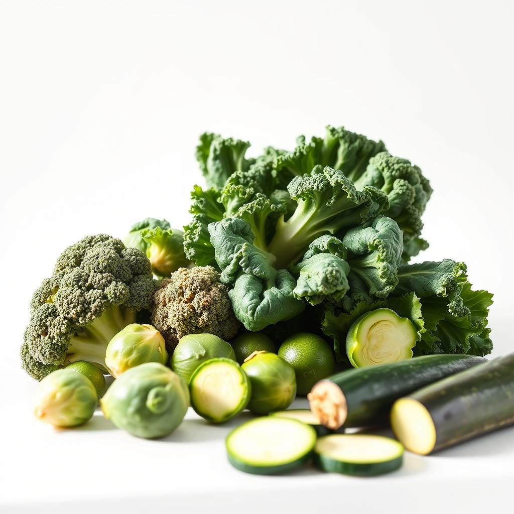 A vibrant still life arrangement against a clean, white backdrop. In the foreground, a selection of fiber-rich low-carb vegetables, including broccoli florets, kale leaves, Brussels sprouts, and sliced zucchini. The produce is freshly washed, with a dewy, crisp appearance, highlighting their natural colors and textures. Soft, natural lighting from the side casts gentle shadows, emphasizing the three-dimensional forms. The overall composition has a balanced, appetizing presentation, conveying the health benefits and culinary versatility of these heart-healthy ingredients.