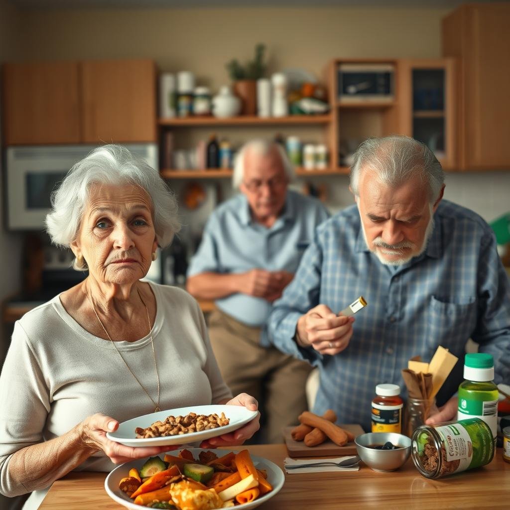 A warm-toned scene depicting the common nutritional mistakes made by seniors practicing keto and intermittent fasting. In the foreground, a senior woman looks puzzled as she holds a plate of food, unsure of the proper macronutrient balance. In the middle ground, an elderly man measures his ketone levels, his brow furrowed in concern. In the background, a cluttered kitchen counter is strewn with various supplements, snacks, and dietary aids, hinting at the complexity of managing these diets in one's later years. The lighting is soft and diffuse, creating a contemplative atmosphere. The scene is captured with a medium-wide angle lens, emphasizing the interplay between the figures and their environment.