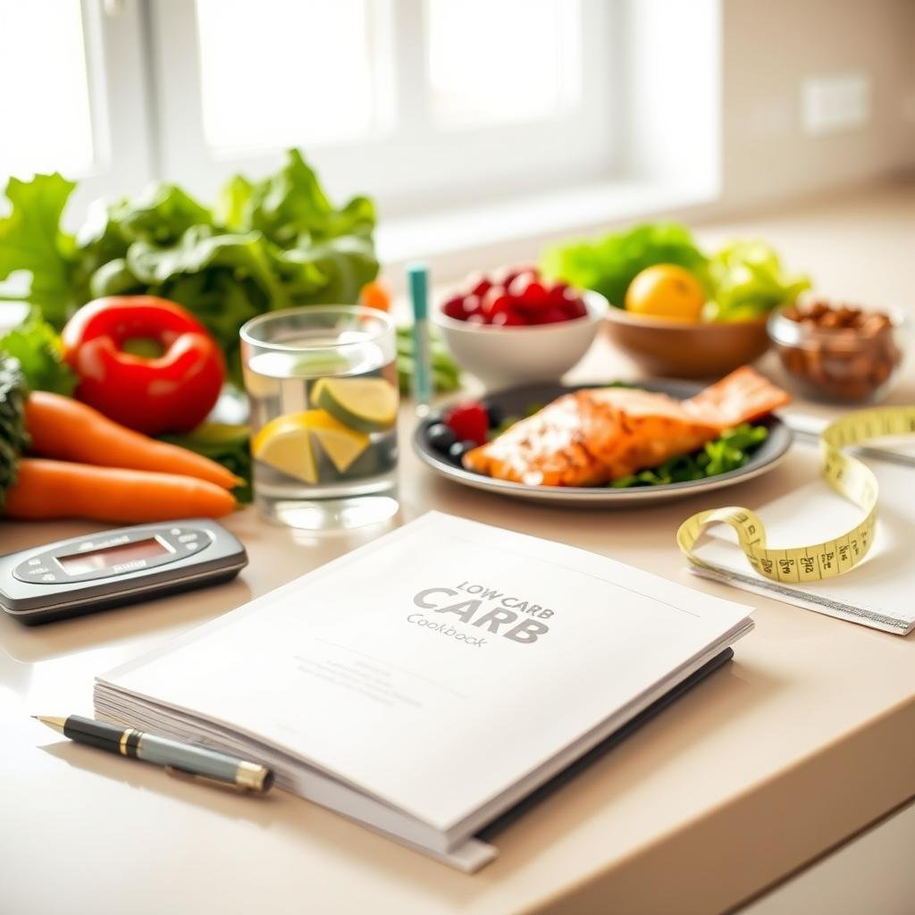 A well-lit kitchen counter displaying a variety of low-carb foods - fresh vegetables, a plate of grilled salmon, a bowl of berries, and a glass of water. In the foreground, a open book titled &quot;Low-Carb Cookbook&quot; lies next to a pen and notepad. The mid-ground features a sleek digital scale and a tape measure, suggesting the importance of portion control and weight management. The background showcases a window with natural light streaming in, creating a serene, health-conscious atmosphere. The overall scene conveys a sense of balance, discipline, and a mindful approach to transitioning from a keto diet to a sustainable low-carb lifestyle.