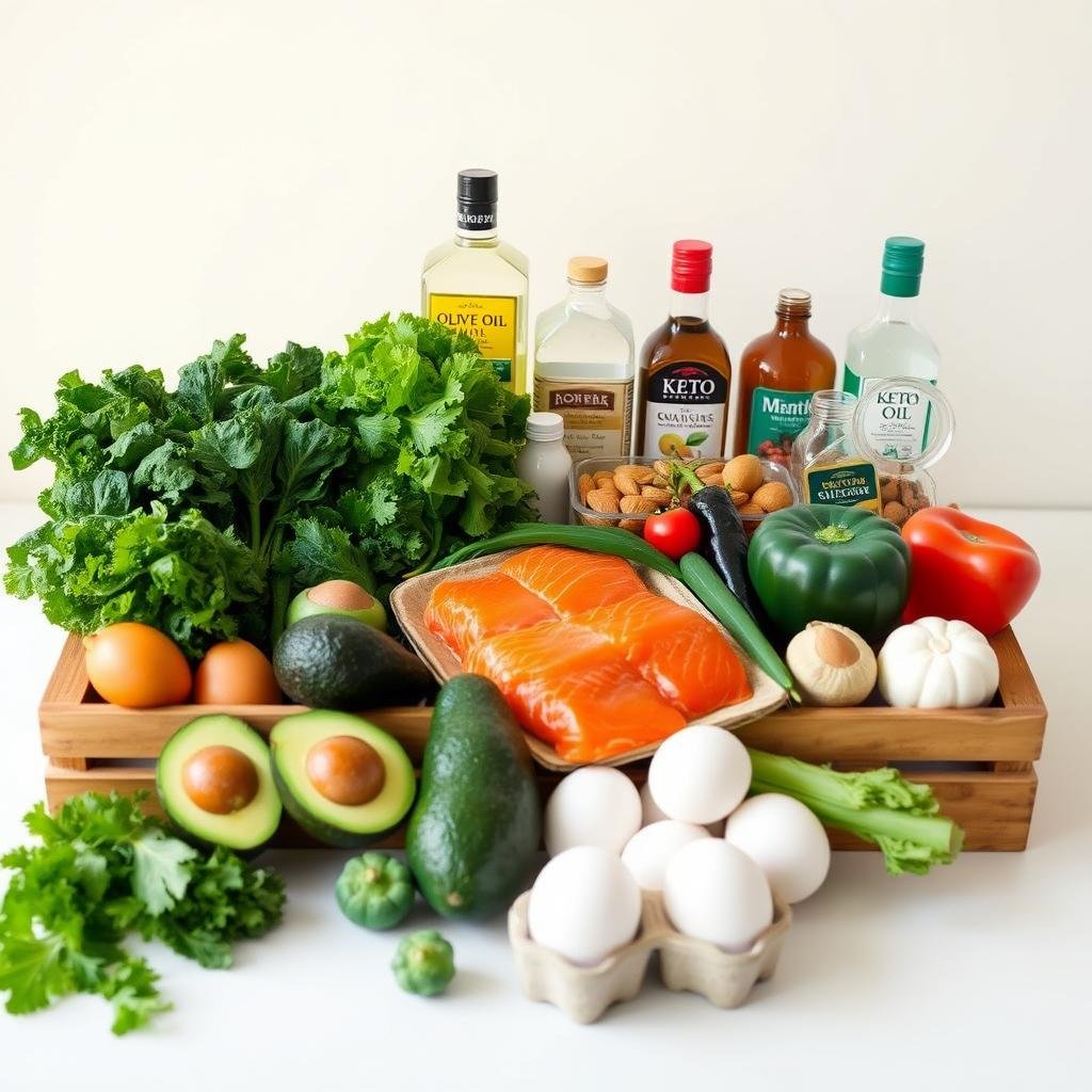A well-organized keto grocery list for busy women, presented on a clean white background with a soft, natural lighting. In the foreground, a wooden crate or tray holds an assortment of fresh keto-friendly ingredients: leafy greens, avocados, eggs, salmon fillets, and a variety of low-carb vegetables. In the middle ground, additional keto staples such as almonds, olive oil, and MCT oil are neatly arranged. The background features a minimalist, off-white backdrop, allowing the vibrant colors and textures of the fresh produce to take center stage. The overall composition conveys a sense of simplicity, health, and efficiency, reflecting the needs of busy women following a keto lifestyle.