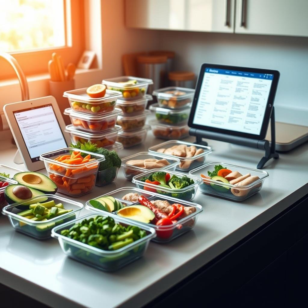 Keto meal prep for a busy lifestyle: A sleek, organized kitchen counter with an array of portioned meal containers, colorful low-carb ingredients like avocado, broccoli, and chicken breasts, and a tablet displaying a weekly meal plan. Warm, natural lighting, a minimalist aesthetic, and a sense of efficiency convey the ease of sticking to a ketogenic diet amid a hectic schedule. The overall composition emphasizes the accessibility and practicality of keto for time-constrained individuals, in line with the "Realistic Keto Plan Modifications for Different Lifestyles" section.