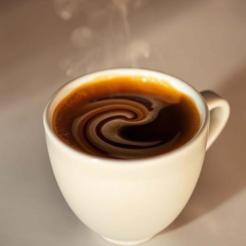 A close-up photograph of a steaming hot cup of freshly brewed coffee, its surface glistening with a swirl of creamy, translucent MCT oil. The coffee's rich, dark brown hue creates a bold contrast against the pale, oily film that dances across the top, radiating a sense of energizing potential. The scene is bathed in warm, soft lighting, casting a cozy, inviting atmosphere. The cup is positioned on a simple, minimalist background, allowing the vibrant, enticing image of the "keto coffee" to take center stage and captivate the viewer.