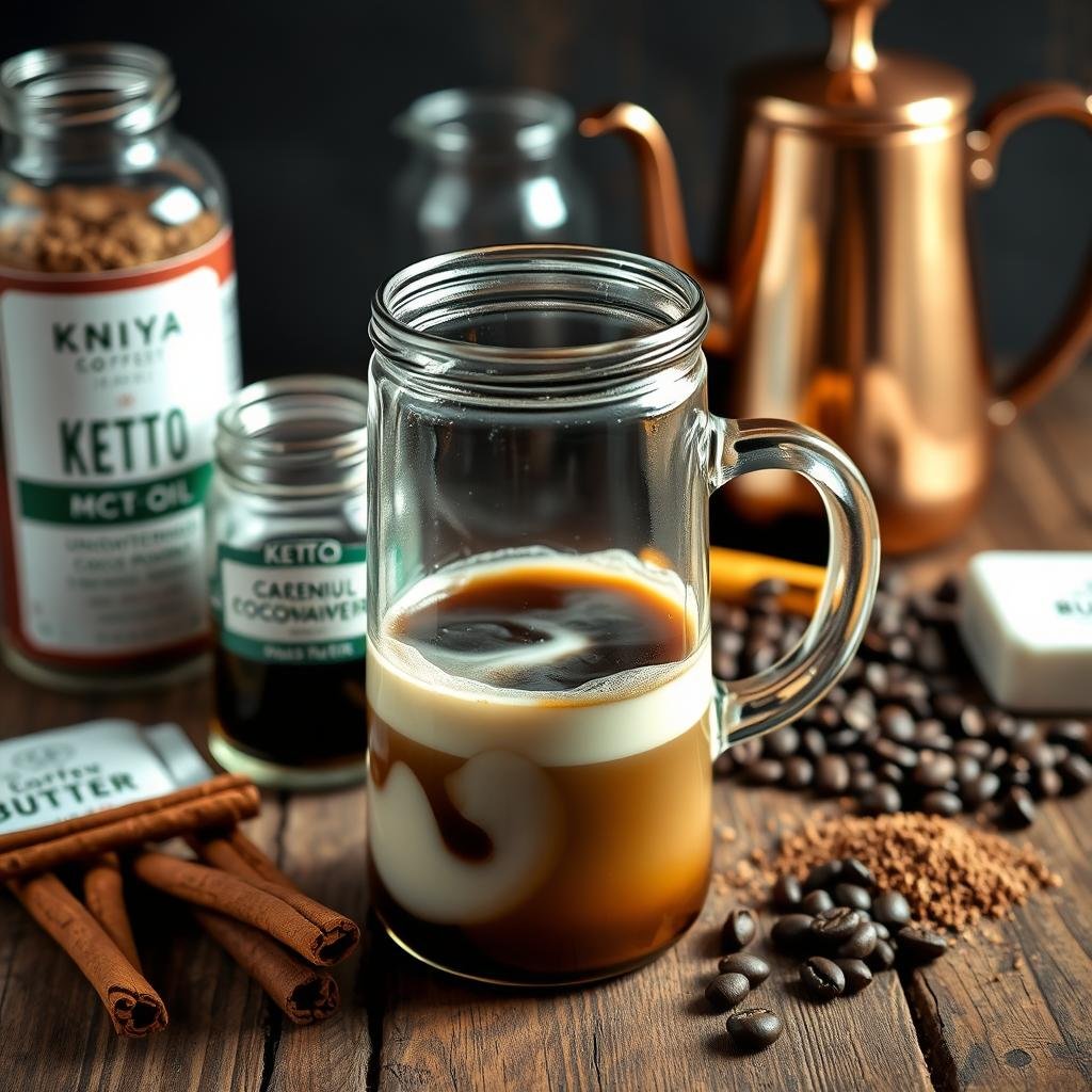 A close-up still life of keto coffee ingredients on a rustic wooden surface. In the foreground, a glass French press filled with freshly brewed dark roast coffee, swirling with creamy, frothy coconut milk or heavy cream. Surrounding it, a selection of keto-friendly additions like MCT oil, cinnamon sticks, unsweetened cocoa powder, and a sprinkling of ground nutmeg. The middle ground features a glass jar of grass-fed butter and a small pile of stevia packets. In the background, a copper or stainless steel kettle and a few whole coffee beans. The lighting is soft and natural, casting warm, golden tones across the scene. The overall mood is cozy, indulgent, and health-conscious.