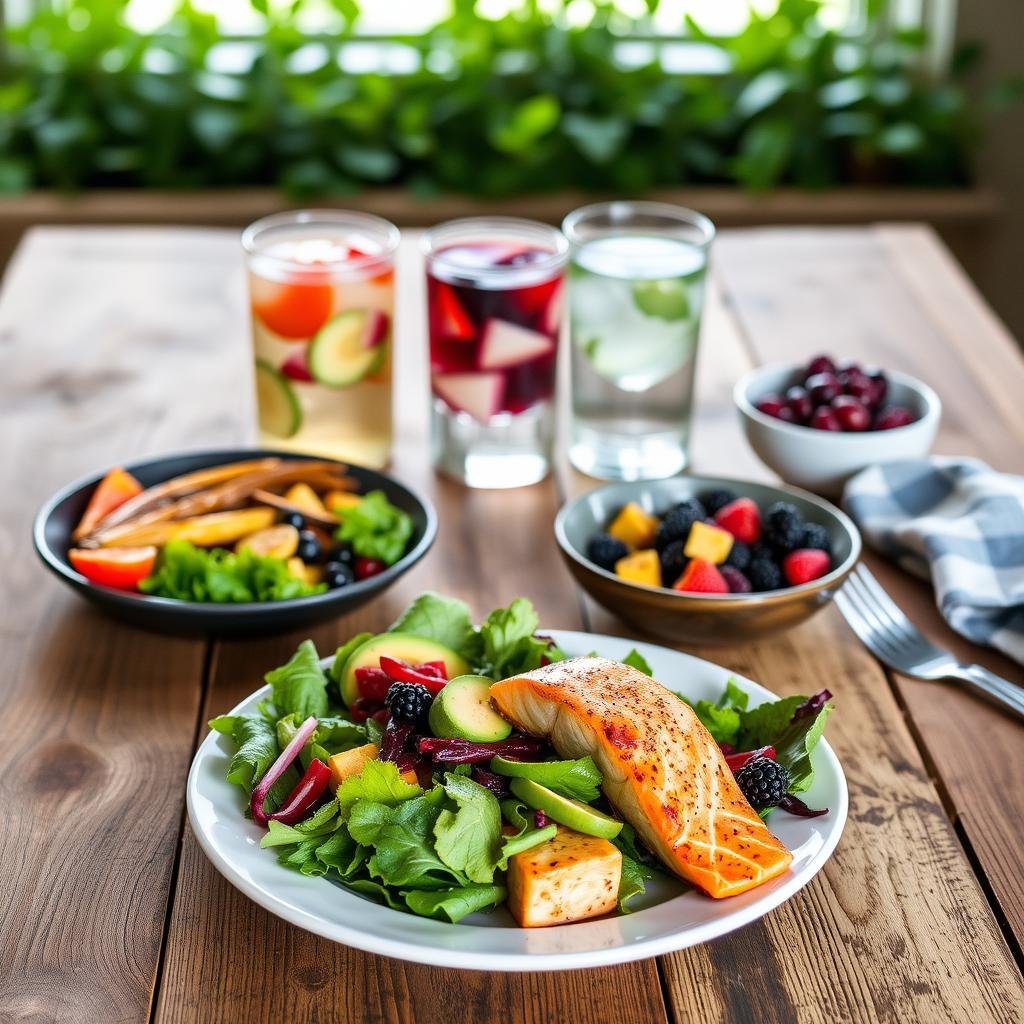A delectable keto meal plan laid out on a rustic wooden table, illuminated by soft, natural lighting. In the foreground, a plate showcases a vibrant, colorful salad with leafy greens, avocado, and grilled salmon, accompanied by a side of roasted vegetables. In the middle ground, a glass of refreshing, infused water stands next to a bowl of mixed berries. The background features a minimalist, earthy setting, with a subtle backdrop of lush greenery, conveying a sense of balance and harmony. The overall scene exudes a calming, wellness-focused atmosphere, perfectly encapsulating the "1-Day Hormone-Balancing Keto Meal Plan for Busy Women".