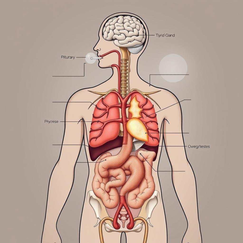 A detailed cross-section illustration of the human endocrine system, highlighting the intricate hormone regulation mechanisms involved in a keto diet. In the foreground, a stylized pituitary gland, thyroid, and adrenal glands, depicting their interconnected roles in hormone production and feedback loops. In the middle ground, the pancreas and its insulin-glucagon regulation, alongside the ovaries/testes and their sex hormone secretion. In the background, a simplified brain structure, emphasizing the hypothalamus and its command center function. Rendered in a sophisticated, scientific medical illustration style, using a muted color palette, clean lines, and subtle textures to convey the complexity of this hormonal ecosystem. Lighting is soft and directional, casting subtle shadows to accentuate the three-dimensional forms. The overall mood is analytical yet visually captivating, suitable for educational purposes.