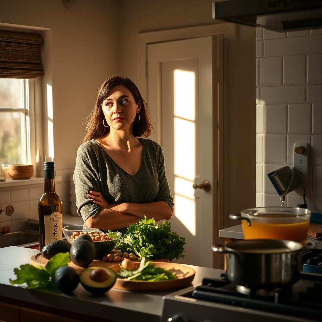 A dimly lit, cozy kitchen scene with a woman in her 30s standing at a counter, thoughtfully preparing a keto-friendly meal. Soft natural lighting from a window illuminates the scene, casting warm shadows. The countertop is adorned with various keto-friendly ingredients - avocados, leafy greens, nuts, and a bottle of extra virgin olive oil. On the stove, a simmering pot of bone broth emits a comforting aroma. The woman's expression is one of calm focus, as she considers the role of nutrition in maintaining hormonal balance. The overall atmosphere conveys a sense of holistic wellness and self-care.