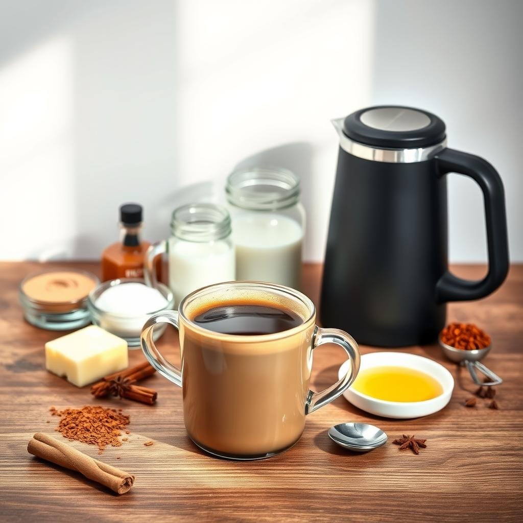 A neatly arranged still life showcasing an assortment of keto-friendly coffee ingredients and hacks. In the foreground, a steaming mug of rich, creamy coffee sits atop a wooden surface, surrounded by a sprinkling of cinnamon, a dollop of grass-fed butter, and a spoonful of MCT oil. In the middle ground, a glass jar filled with keto-friendly sweetener, a sleek milk frother, and a selection of spices like nutmeg and cardamom. The background features a clean, minimalist backdrop, with natural light streaming in from the side, creating a warm, inviting atmosphere. The overall composition conveys a sense of simplicity, efficiency, and the effortless blending of a delicious, keto-friendly coffee beverage.