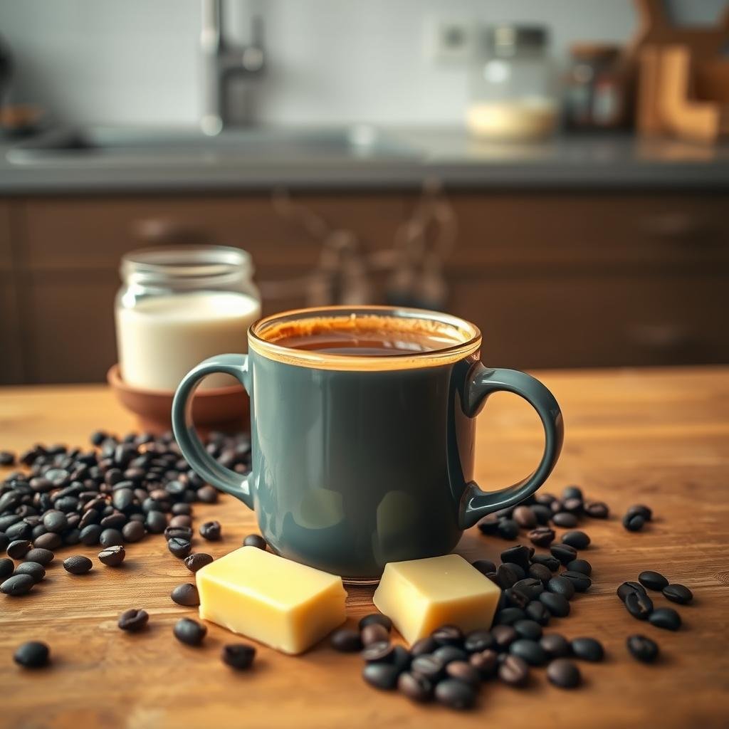 A steaming mug of butter coffee sits atop a wooden table, surrounded by a scattering of whole coffee beans and a pat of golden grass-fed butter. Soft, warm lighting casts a cozy glow, highlighting the rich, creamy texture of the beverage. In the background, a minimalist kitchen counter showcases a glass jar of coconut oil and a keto-friendly snack, conveying the overall ketogenic lifestyle. The scene exudes a sense of calm focus and indulgence, perfectly capturing the essence of "butter coffee keto" as a nourishing, high-fat fuel for the mind and body.
