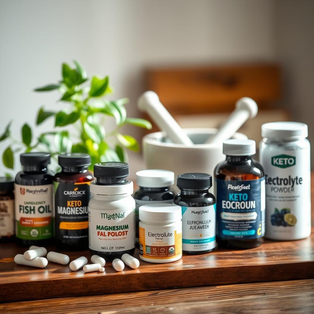 A still life arrangement of various keto supplements on a wooden table, illuminated by soft, natural lighting. In the foreground, a selection of bottles and jars containing supplements like fish oil, magnesium, and electrolyte powders. In the middle ground, a few leafy green plants and a mortar and pestle, hinting at the organic, holistic nature of these supplements. The background is blurred, creating a sense of focus on the keto-friendly products. The overall mood is calm, clean, and inviting, reflecting the potential benefits of these supplements for hormone health on a ketogenic diet.