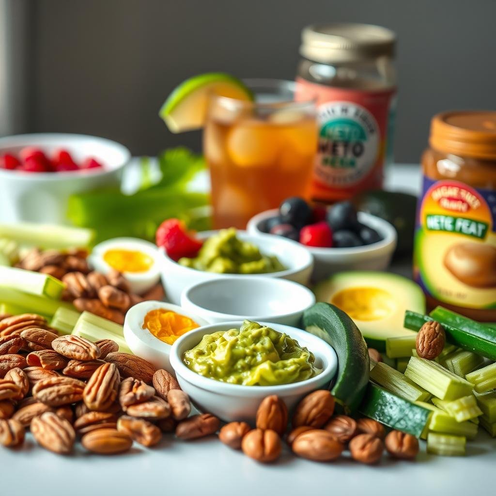 A colorful still life of keto-friendly snack options, shot in natural lighting with a shallow depth of field. In the foreground, an assortment of low-carb snacks including pecans, almonds, celery sticks, cucumber slices, and hard-boiled eggs. In the middle ground, a small dish of guacamole and a few slices of avocado. In the background, a few fresh berries, a cup of unsweetened iced tea, and a small jar of sugar-free nut butter. The scene has a clean, minimal aesthetic, conveying the idea of healthful, on-the-go keto snacking.