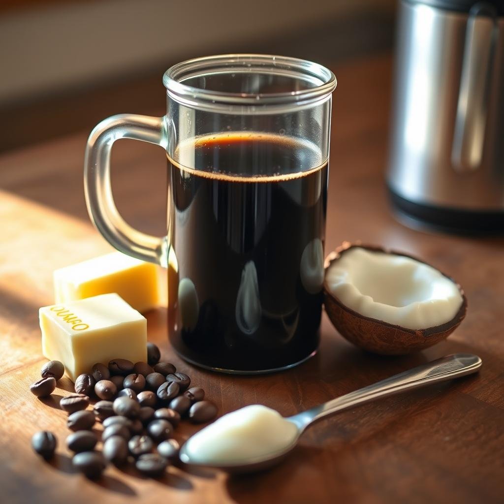 A glass French press filled with freshly brewed black coffee, accompanied by a pat of golden-yellow unsalted butter, a spoonful of smooth and creamy coconut oil, and a few whole coffee beans scattered around. The ingredients are arranged on a rustic wooden table, bathed in warm, soft lighting that casts gentle shadows, creating a cozy and inviting atmosphere. The focus is on the simple yet sophisticated components of the &amp;quot;bulletproof&amp;quot; coffee, conveying a sense of wellness and intentional nourishment.