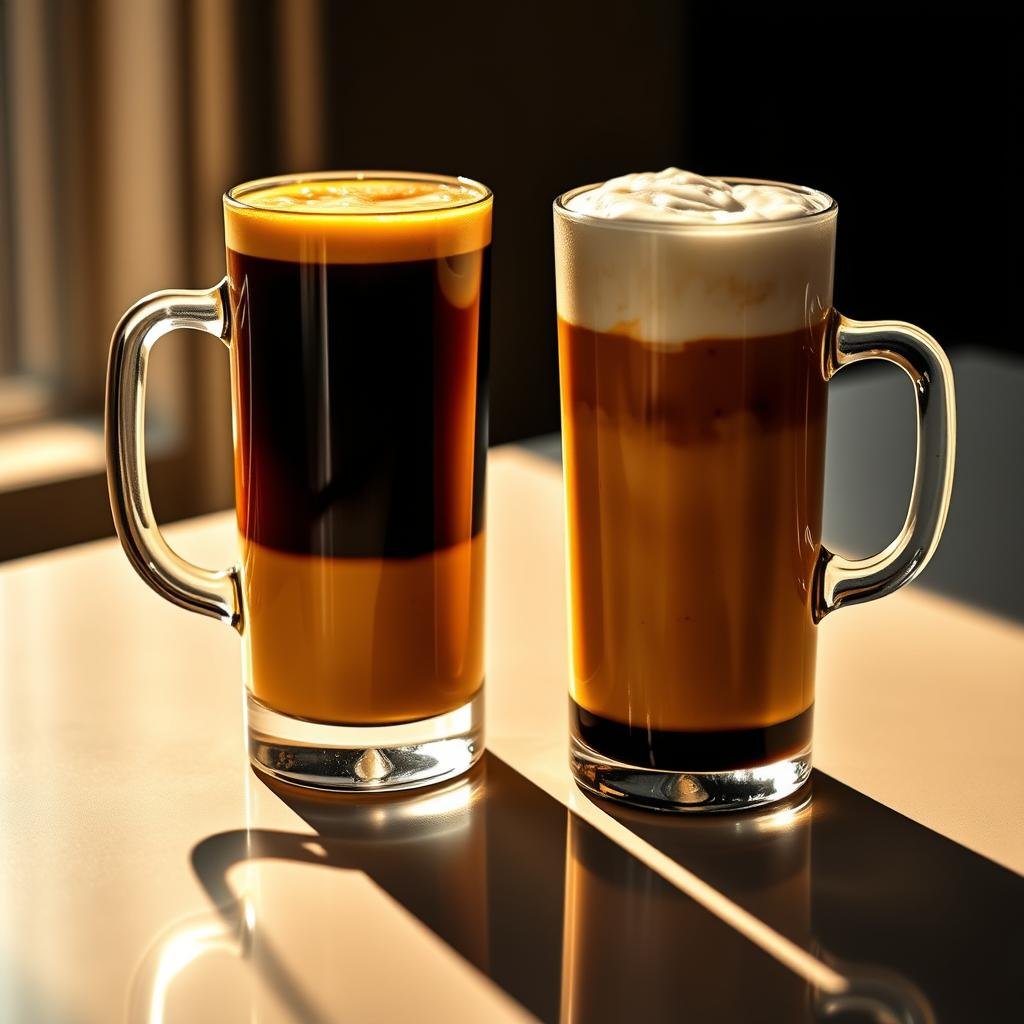 A high-contrast, editorial-style comparison of two tall glass mugs, one filled with a rich, creamy Bulletproof coffee and the other with a vibrant, frothy Keto coffee. The mugs are arranged on a sleek, reflective tabletop, casting sharp shadows. Warm, directional lighting from the side creates dramatic highlights and shadows, emphasizing the texture and sheen of the liquids. The background is slightly blurred, keeping the focus on the central coffee comparison. The overall mood is sophisticated, visually compelling, and evocative of the pros and cons discussed in the article.