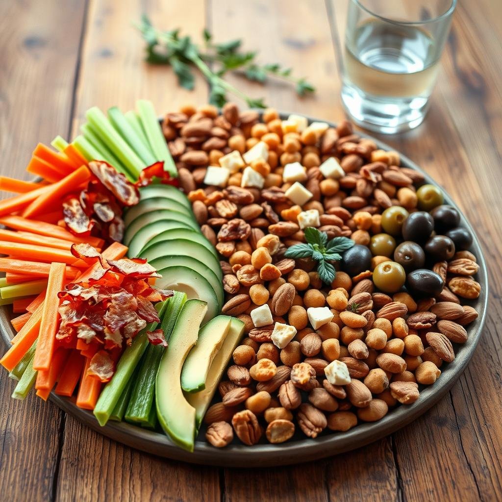 A neatly arranged spread of various savory snack items on a rustic wooden table, captured in a warm, natural lighting. In the foreground, an assortment of crisp vegetable sticks, such as carrots, celery, and cucumber, alongside creamy avocado slices and crisp bacon bits. In the middle ground, an array of nutty, protein-rich snacks like almonds, pecans, and roasted chickpeas, complemented by tangy cheese cubes and olives. In the background, a few sprigs of fresh herbs add a touch of greenery, while a simple glass of water or unsweetened iced tea completes the scene, conveying a sense of simplicity and healthfulness.